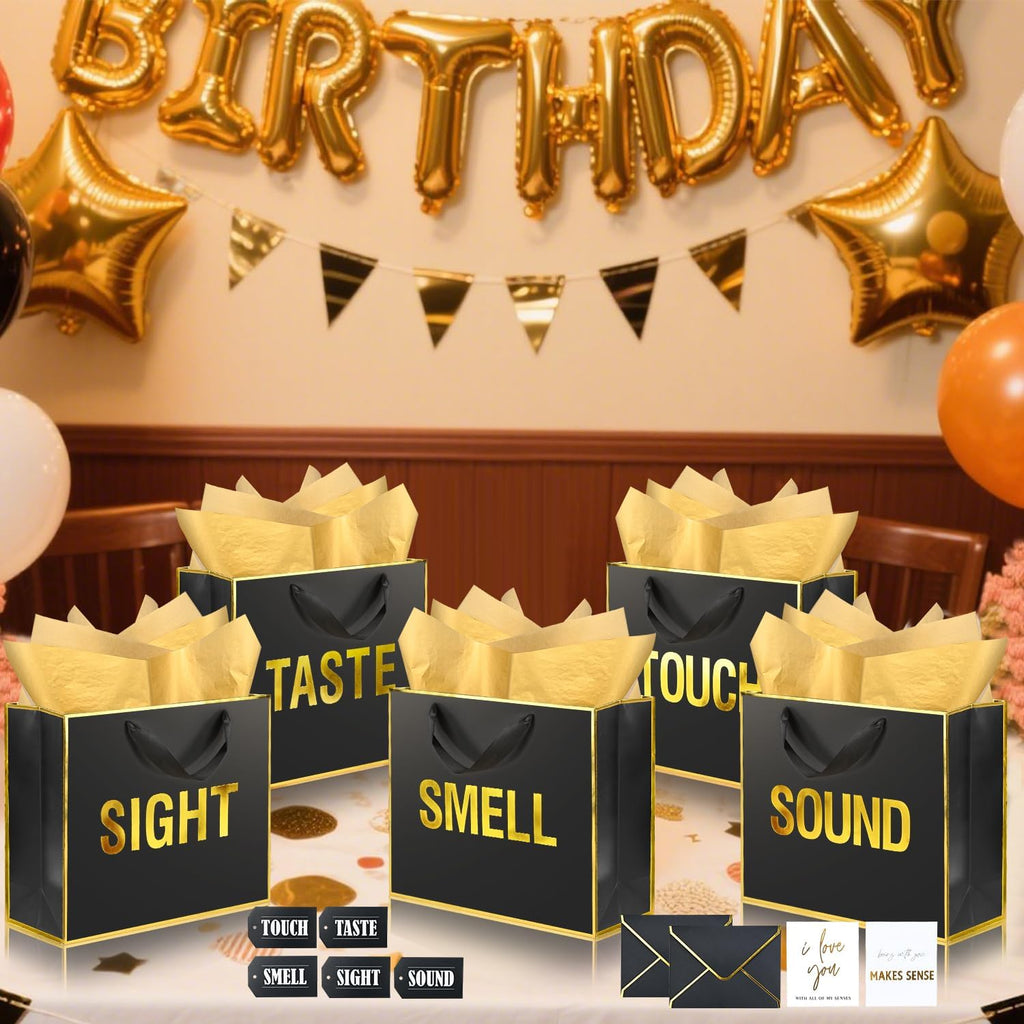 Large 5 Senses Gift Bag Set - Gold Foil Black Gift Boxes with Labels, Cards & Tissue Paper, Romantic Anniversary & Birthday Gift Idea for Him or Her, 12x10x4"