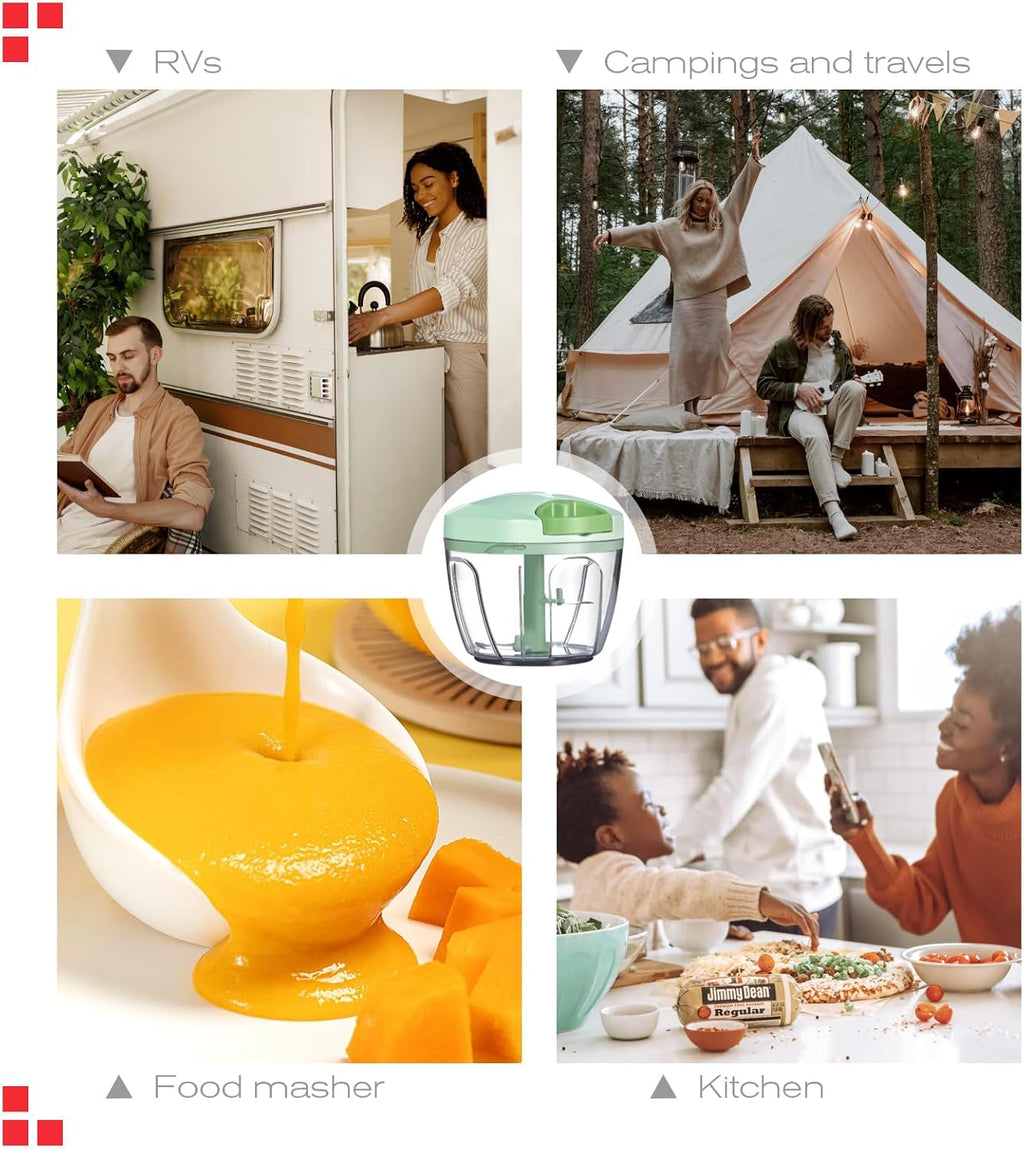 Manual Food Processor & Veggie Chopper - 650ml Hand Pull String Garlic Mincer, Onion Cutter for Salsa & Pesto, Portable Vegetable Slicer for Camping & RV, Green