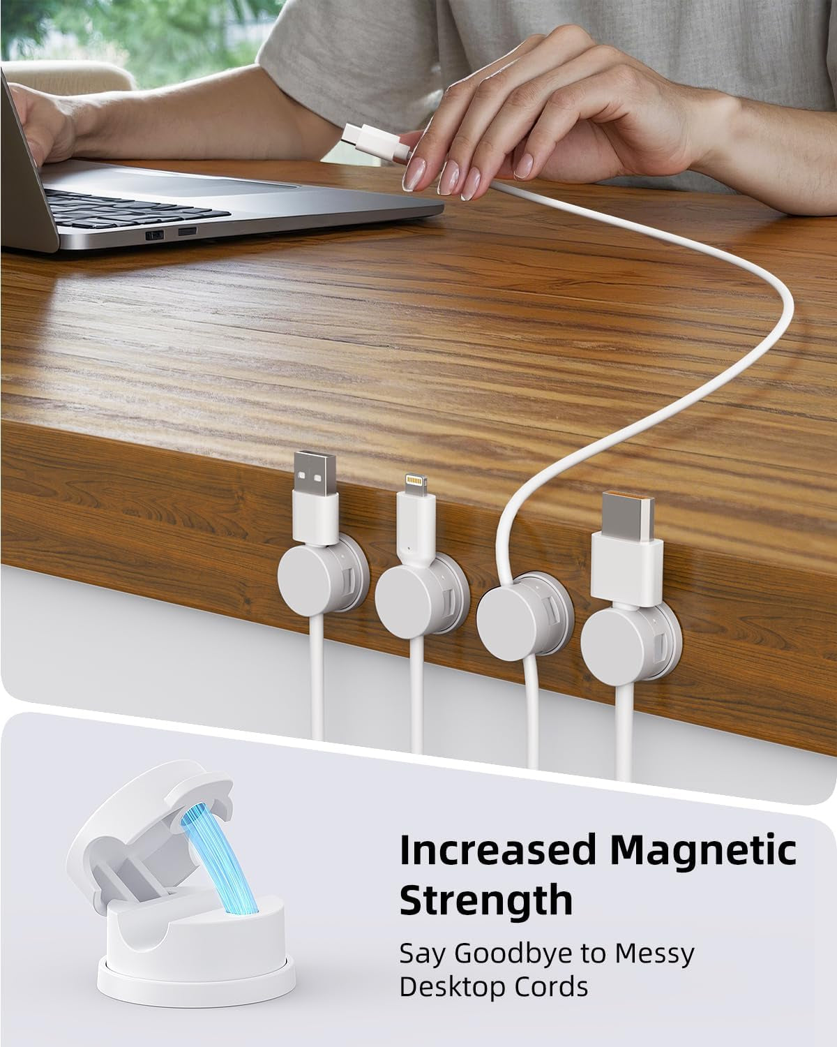 Magnetic Swivel Cord Organizer (6 Pack) - 360° Rotating Cable Management Clips for Desk, Nightstand & Car, Adhesive Wire Holder for USB & Charger Cords, White