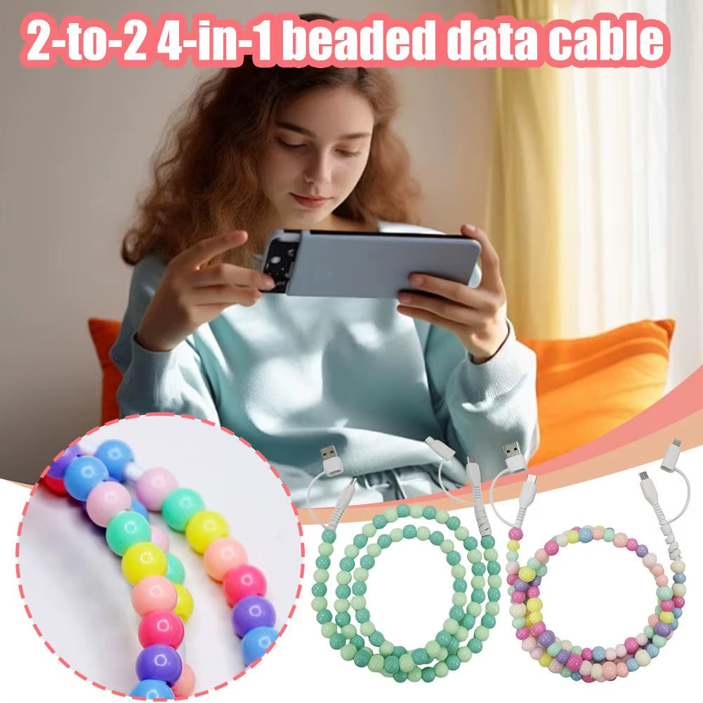4-in-1 Beaded Fast Charging Cable for iPhone – 60W PD3.0 High-Speed Data Sync Cord, Tangle-Free Stylish Beads Design, Universal USB Charger