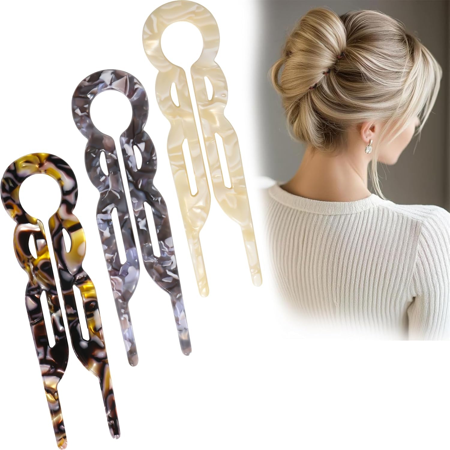 Prestige French Hair Pins Set of 3, Elegant Acetate Hair Clips for Women, Non-Slip Updo Hair Accessories for Thin Thick Hair, Everyday & Special Occasions