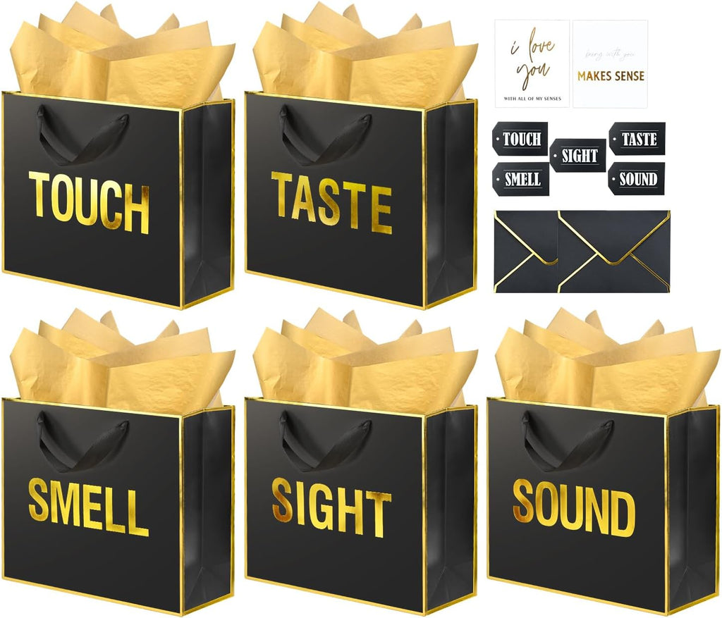 Large 5 Senses Gift Bag Set - Gold Foil Black Gift Boxes with Labels, Cards & Tissue Paper, Romantic Anniversary & Birthday Gift Idea for Him or Her, 12x10x4"