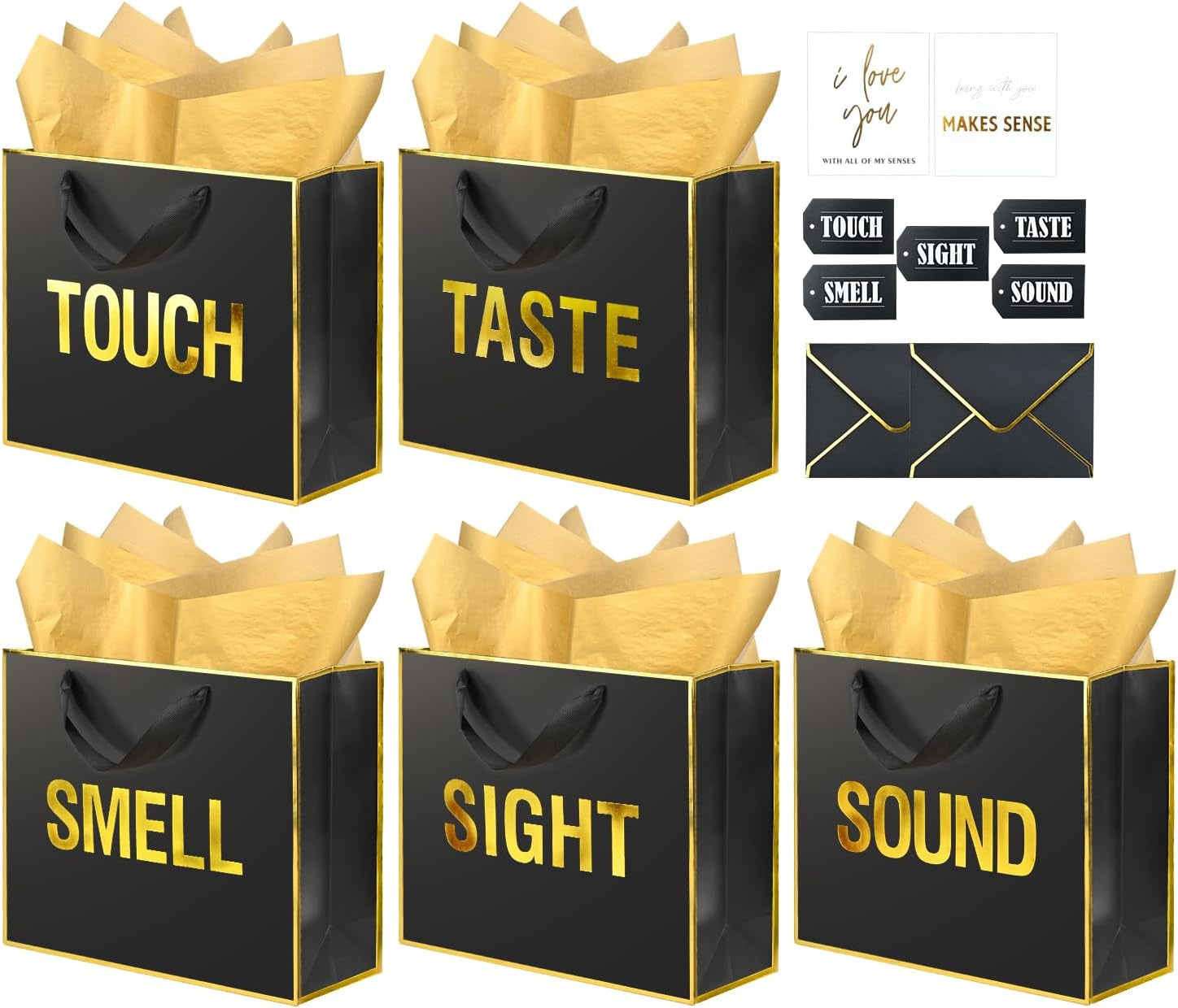 Large 5 Senses Gift Bag Set - Gold Foil Black Gift Boxes with Labels, Cards & Tissue Paper, Romantic Anniversary & Birthday Gift Idea for Him or Her, 12x10x4"