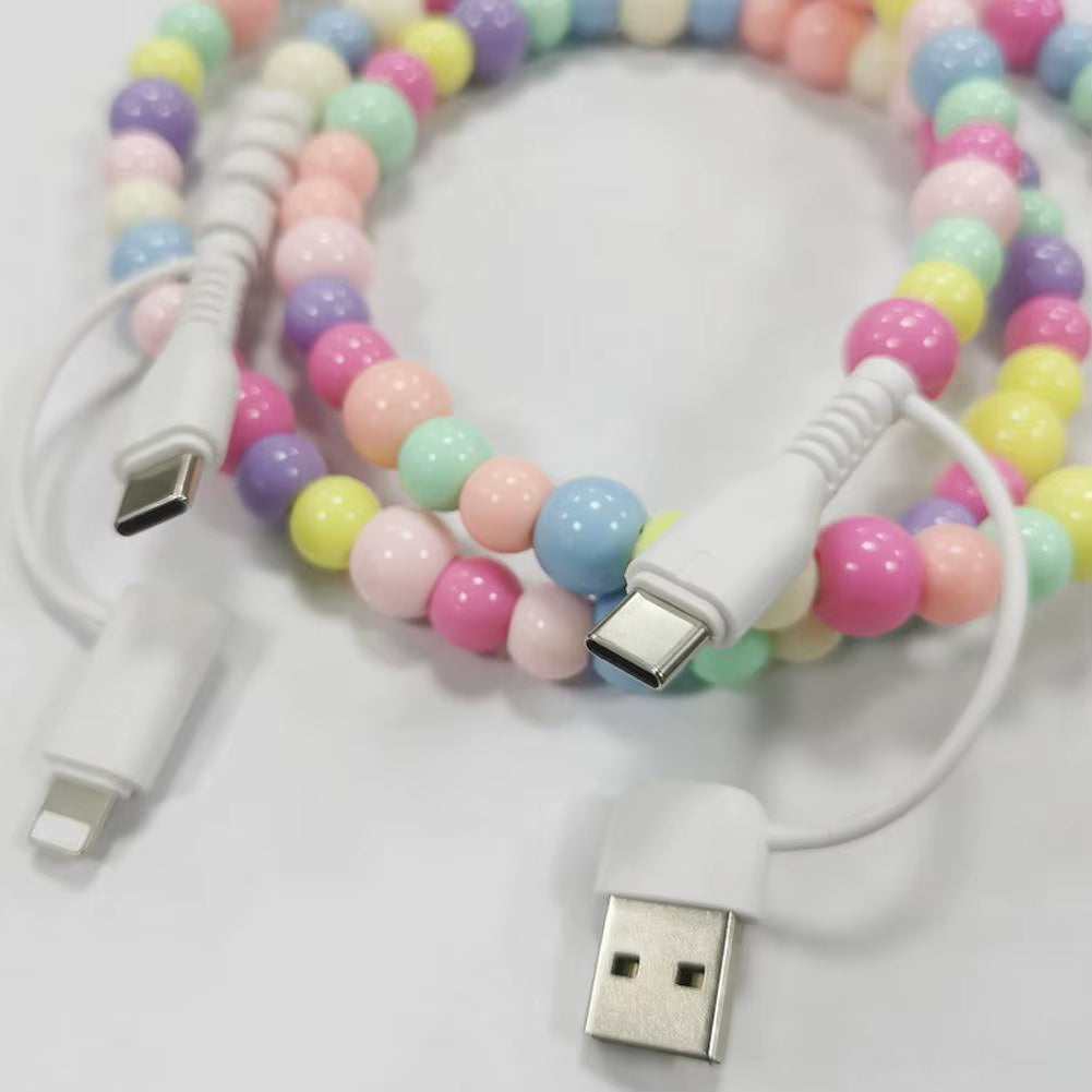 4-in-1 Beaded Fast Charging Cable for iPhone – 60W PD3.0 High-Speed Data Sync Cord, Tangle-Free Stylish Beads Design, Universal USB Charger