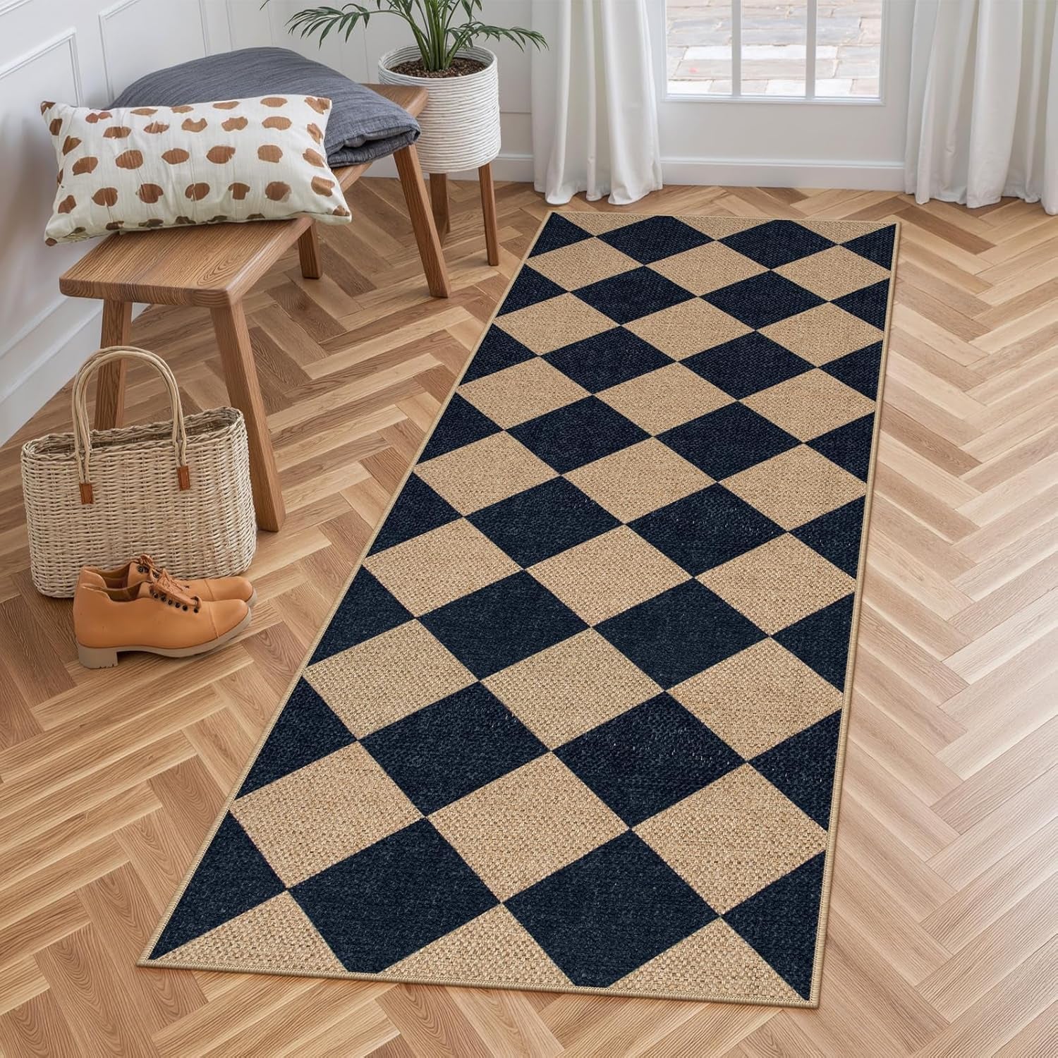 Checkered 2x6 Runner Rug - Washable Black Checkerboard Kitchen Mat, Non-Slip Indoor Outdoor Hallway Carpet, Low Pile Entryway Rug for Laundry & Mudroom