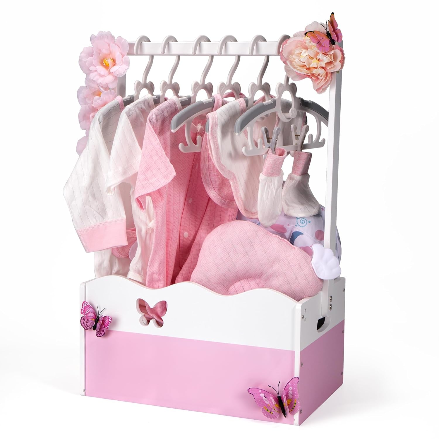 Wooden Baby Shower Crate Closet - DIY Nursery Storage Basket with Hanging Rack, Newborn Gift Hamper for Boys & Girls, Pregnancy Gift Idea for New Parents, 21"