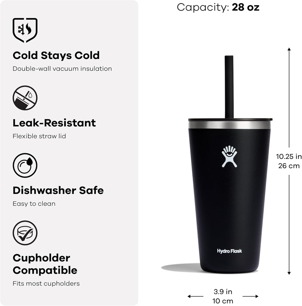 28oz Insulated Straw Tumbler with Leak-Resistant Lid, Stainless Steel Cupholder Friendly Cold Drink Cup for Smoothies, Water & Iced Coffee