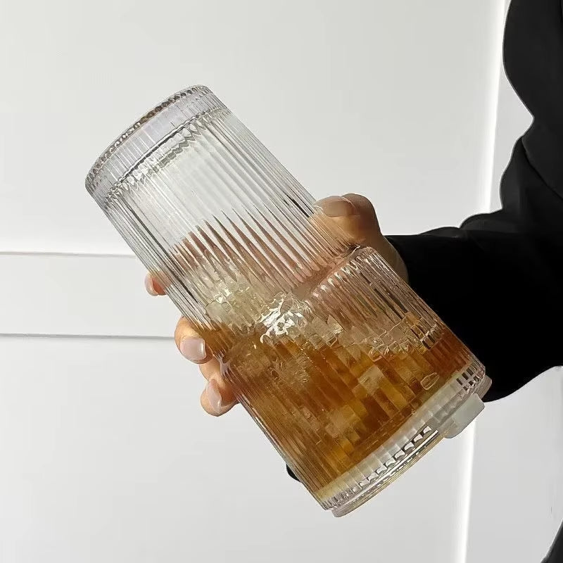 600ML Ribbed Glass Coffee Cup with Lid & Straw – Aesthetic Iced Coffee & Milk Tea Glass | Reusable Transparent Drinking Mug for Home, Office & Travel