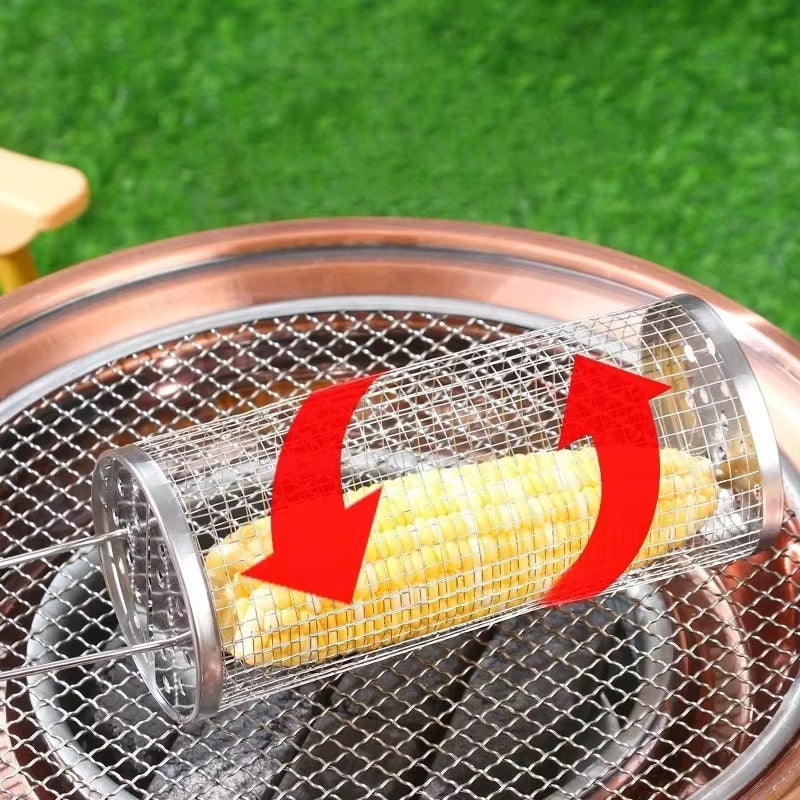 Portable Stainless Steel BBQ Grill Basket – Rolling Campfire Barbecue Cage for Outdoor Cooking, Camping, Picnic & Backyard BBQ