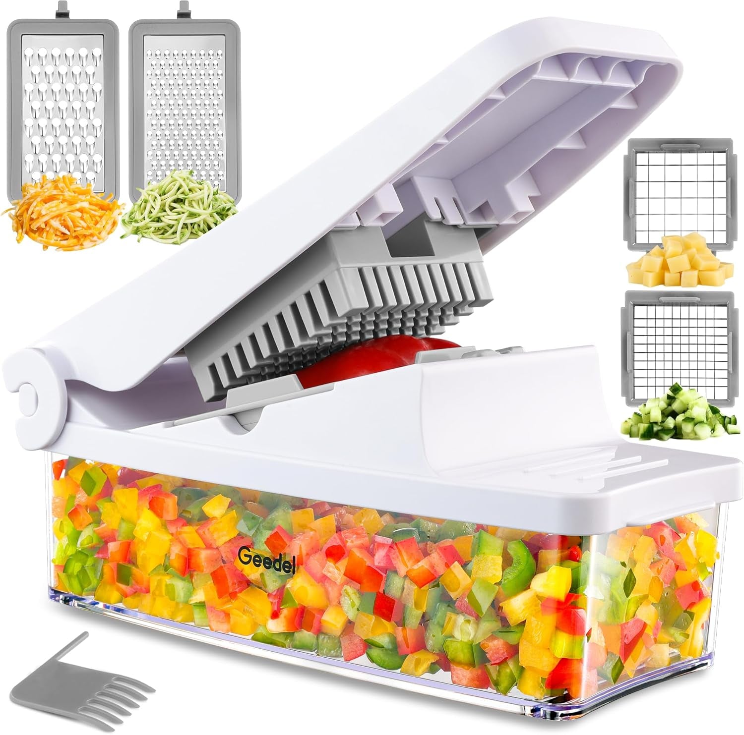 4-in-1 Vegetable Chopper Pro - Onion Dicer & Kitchen Slicer with 1.2L Container, Stainless Steel Manual Food Cutter for Salad, Potato & Carrot, BPA-Free, White