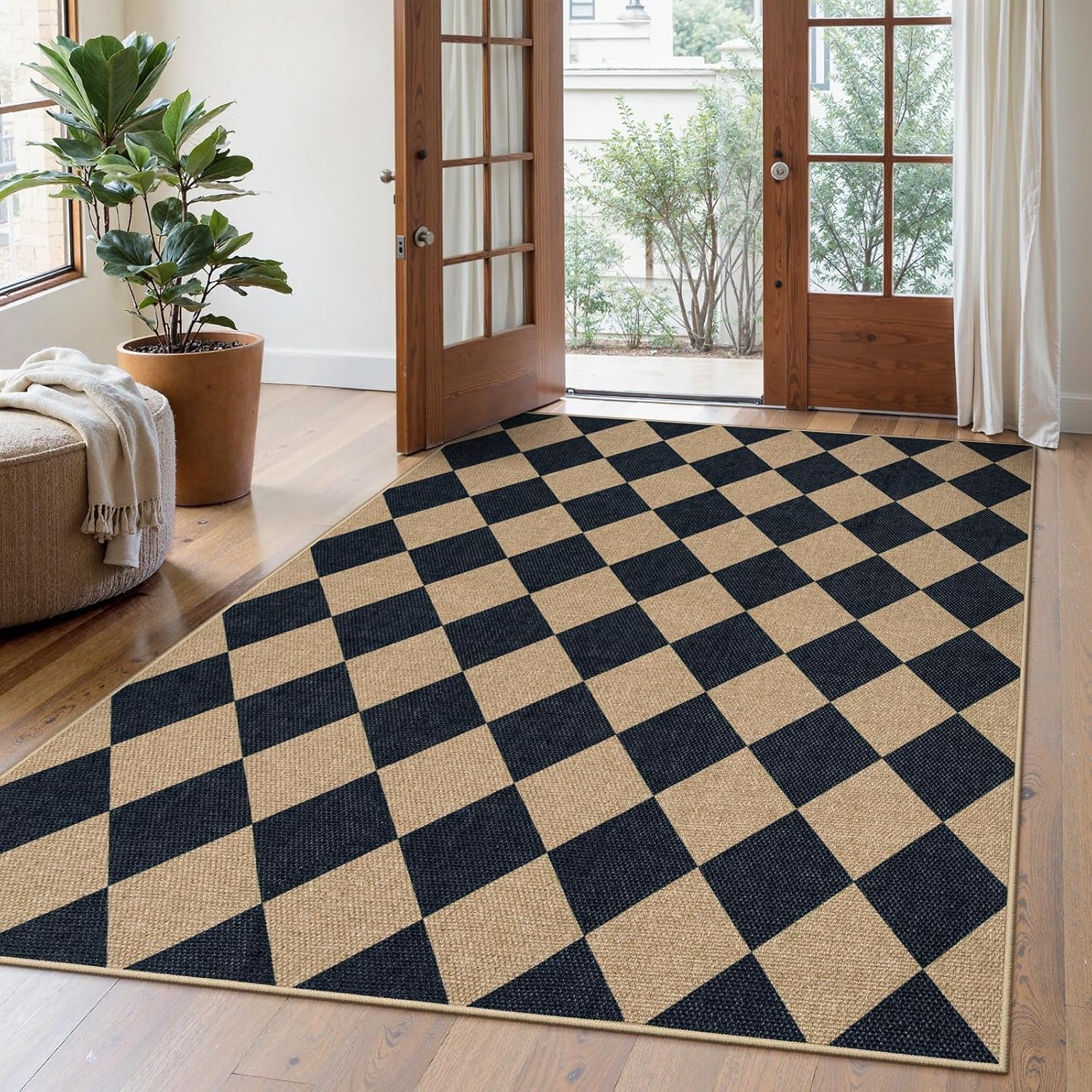 Checkered 2x6 Runner Rug - Washable Black Checkerboard Kitchen Mat, Non-Slip Indoor Outdoor Hallway Carpet, Low Pile Entryway Rug for Laundry & Mudroom