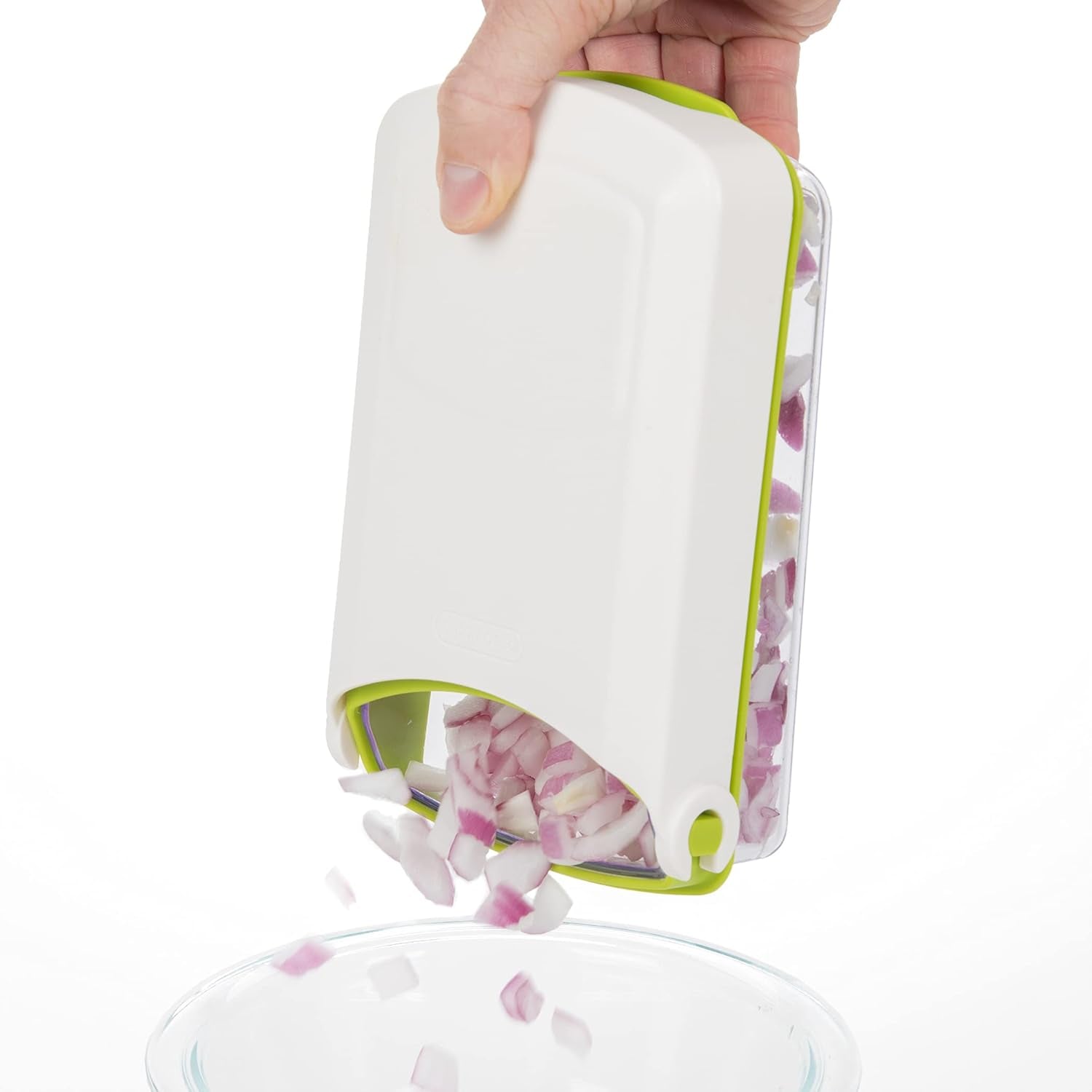 PrepWorks Compact Veggie Chopper - Manual Vegetable Dicer with Stainless Steel Blades, 2-Cup Measuring Container & Non-Skid Base, BPA-Free Kitchen Slicer, Green