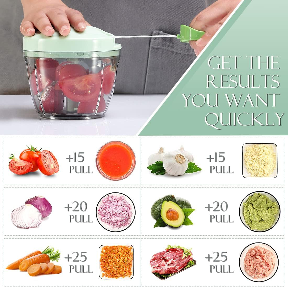 Manual Food Processor & Veggie Chopper - 650ml Hand Pull String Garlic Mincer, Onion Cutter for Salsa & Pesto, Portable Vegetable Slicer for Camping & RV, Green