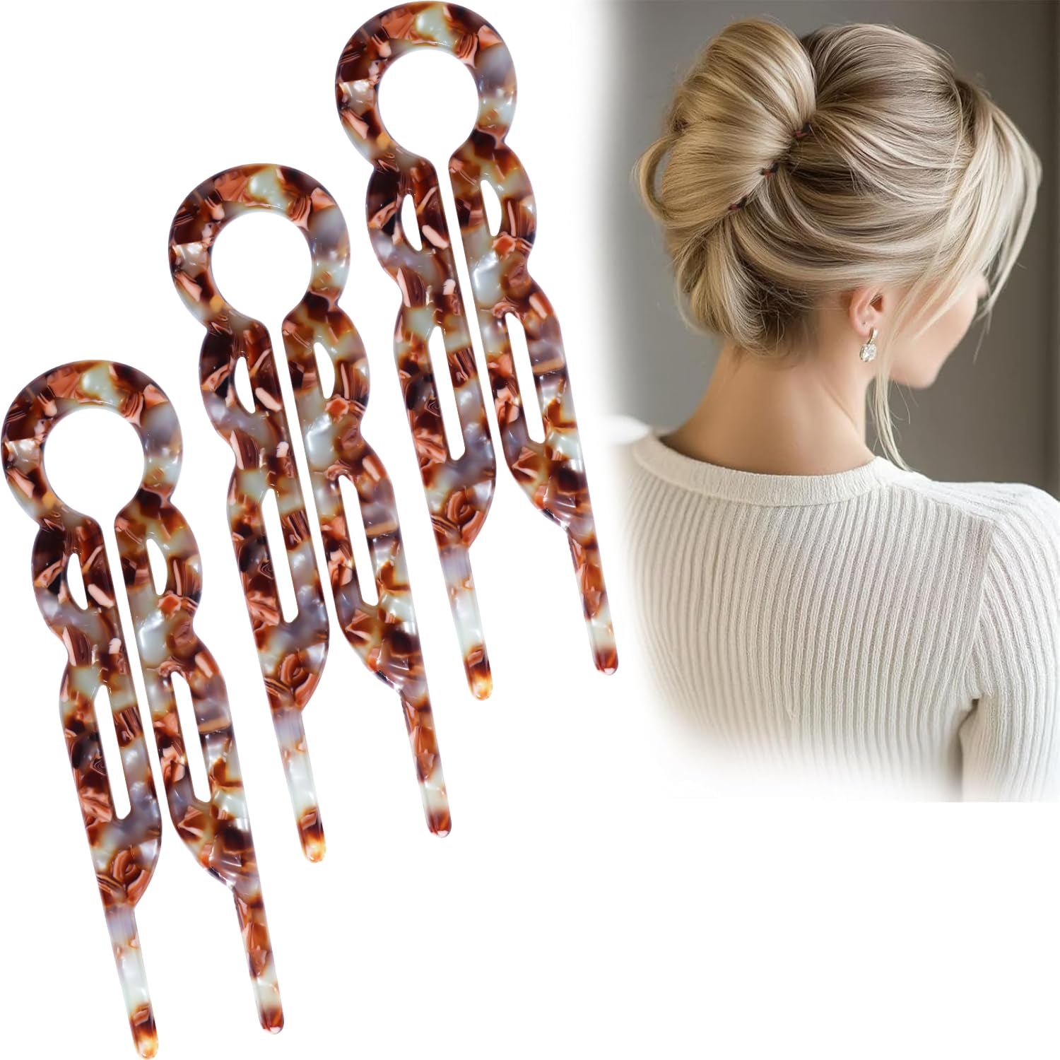 Prestige French Hair Pins Set of 3, Elegant Acetate Hair Clips for Women, Non-Slip Updo Hair Accessories for Thin Thick Hair, Everyday & Special Occasions