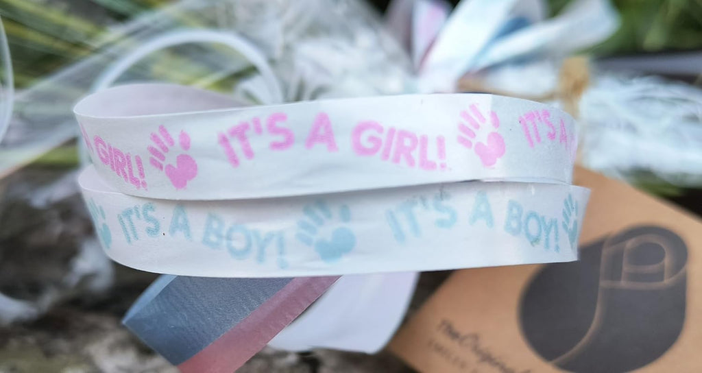 2 Dozen Gender Reveal Wooden Roses - Pink, Blue & White Closed Bud Bouquet, Everlasting Artificial Flowers for Baby Shower Decor & Centerpieces, Hand-Assembled