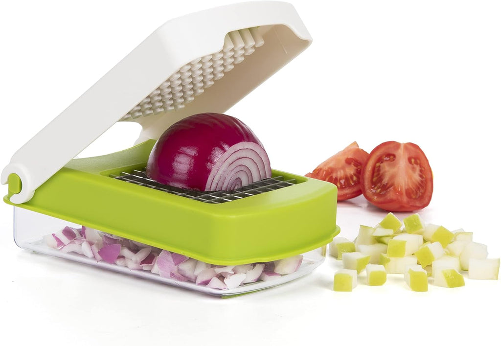 PrepWorks Compact Veggie Chopper - Manual Vegetable Dicer with Stainless Steel Blades, 2-Cup Measuring Container & Non-Skid Base, BPA-Free Kitchen Slicer, Green