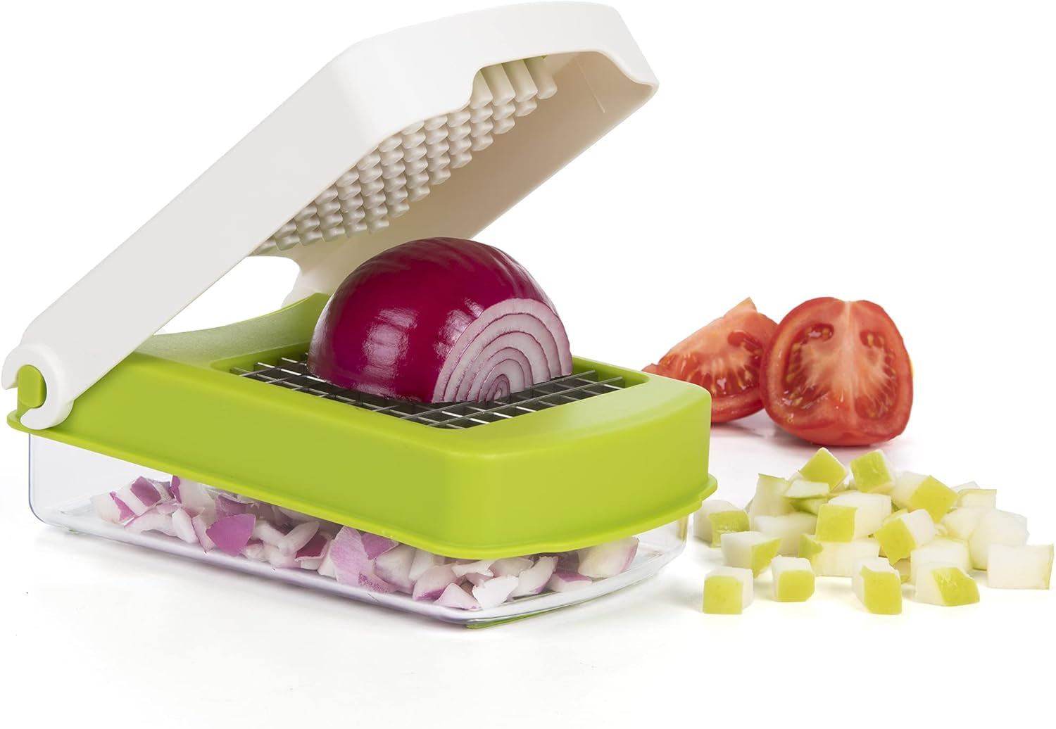 PrepWorks Compact Veggie Chopper - Manual Vegetable Dicer with Stainless Steel Blades, 2-Cup Measuring Container & Non-Skid Base, BPA-Free Kitchen Slicer, Green