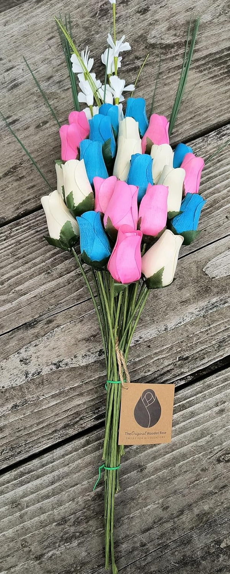 2 Dozen Gender Reveal Wooden Roses - Pink, Blue & White Closed Bud Bouquet, Everlasting Artificial Flowers for Baby Shower Decor & Centerpieces, Hand-Assembled