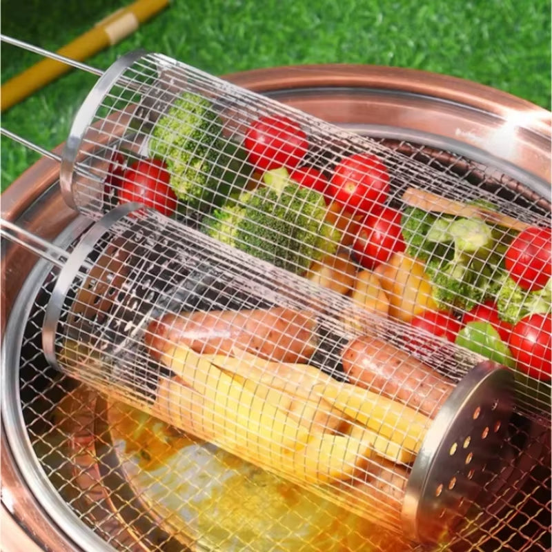 Portable Stainless Steel BBQ Grill Basket – Rolling Campfire Barbecue Cage for Outdoor Cooking, Camping, Picnic & Backyard BBQ