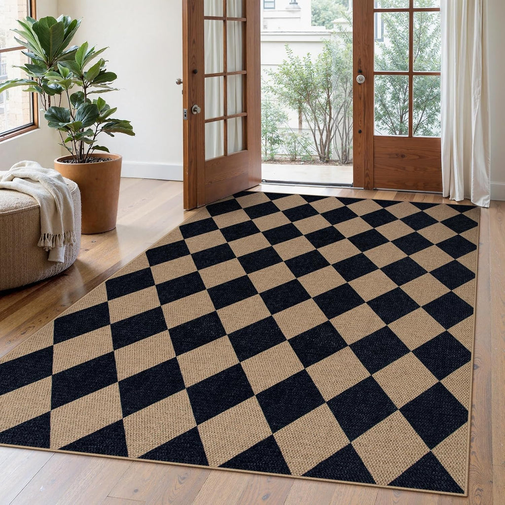 Checkered 2x6 Runner Rug - Washable Black Checkerboard Kitchen Mat, Non-Slip Indoor Outdoor Hallway Carpet, Low Pile Entryway Rug for Laundry & Mudroom