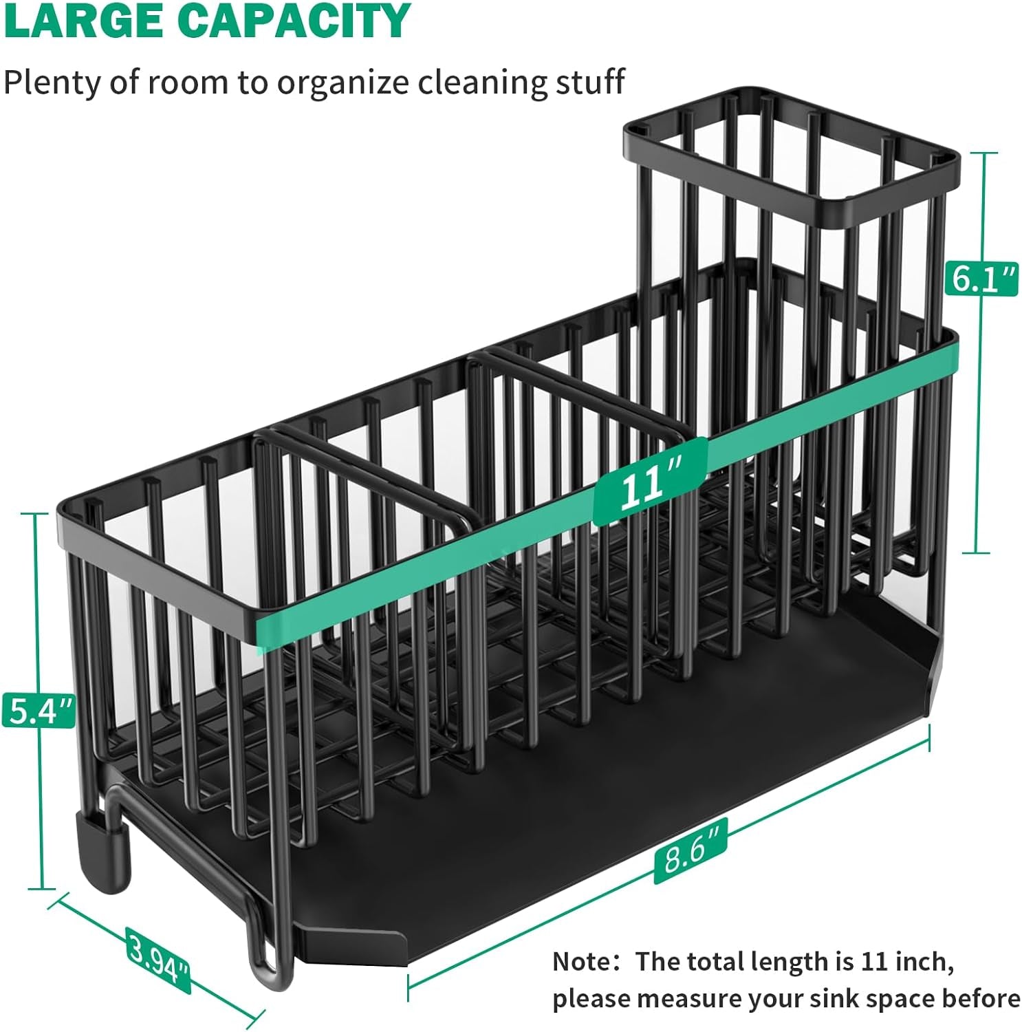 Extra Large 11” Sink Caddy with Drain Tray, Non-Slip Kitchen Sink Organizer with Adjustable Dividers & Tall Brush Holder, Rustproof Sponge & Soap Storage