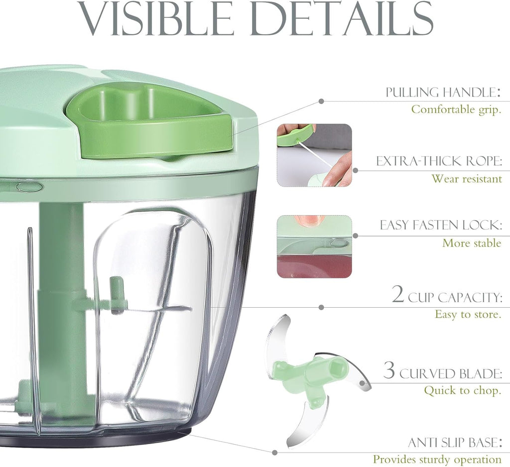 Manual Food Processor & Veggie Chopper - 650ml Hand Pull String Garlic Mincer, Onion Cutter for Salsa & Pesto, Portable Vegetable Slicer for Camping & RV, Green