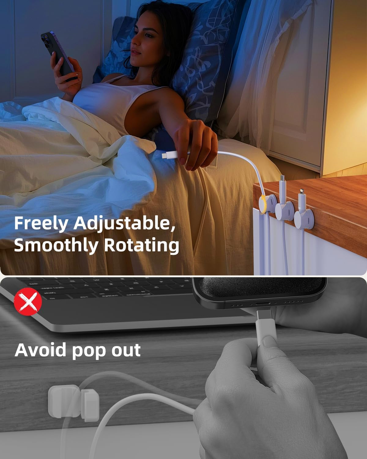 Magnetic Swivel Cord Organizer (6 Pack) - 360° Rotating Cable Management Clips for Desk, Nightstand & Car, Adhesive Wire Holder for USB & Charger Cords, White