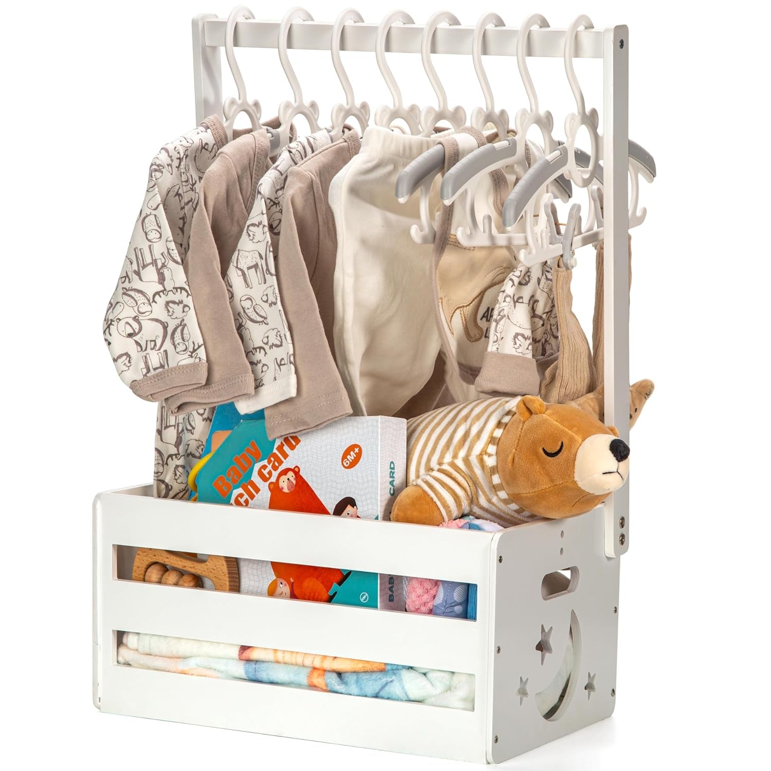 Wooden Baby Shower Crate Closet - DIY Nursery Storage Basket with Hanging Rack, Newborn Gift Hamper for Boys & Girls, Pregnancy Gift Idea for New Parents, 21"