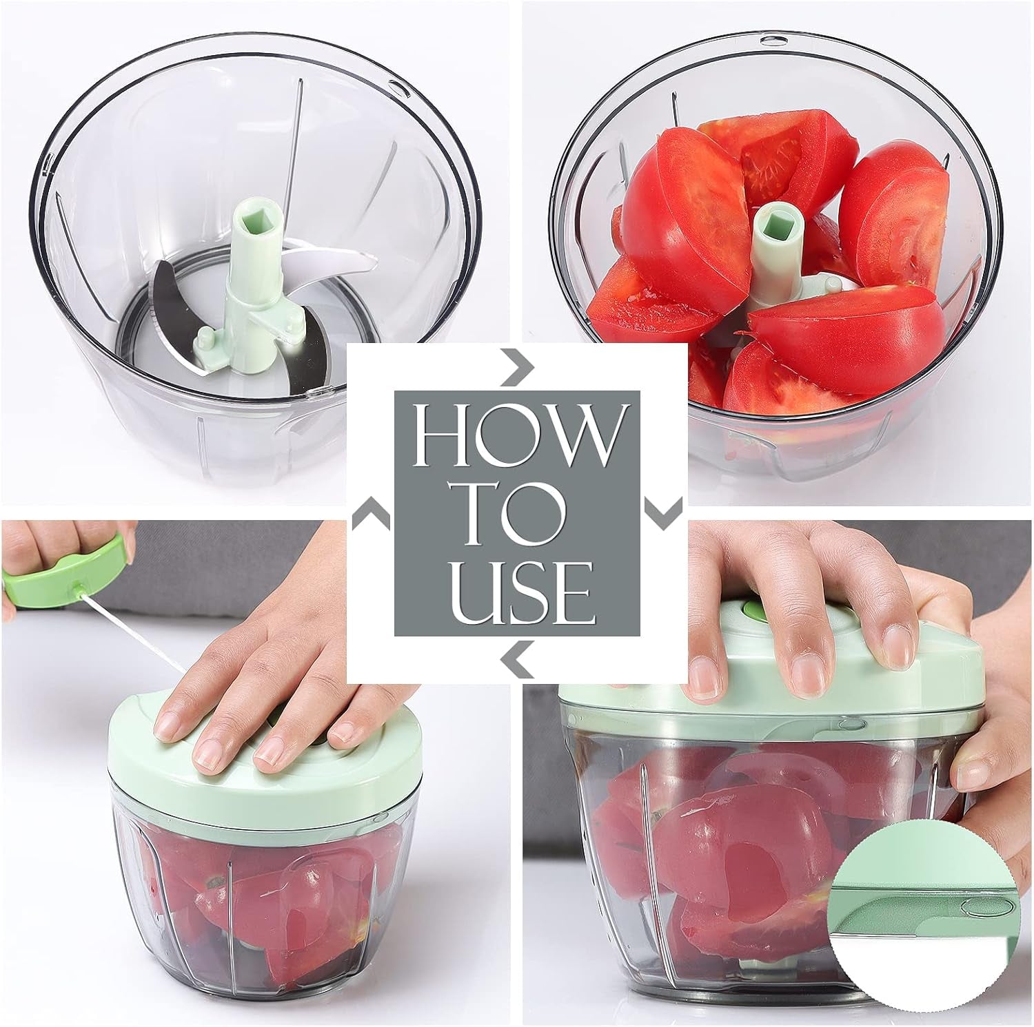 Manual Food Processor & Veggie Chopper - 650ml Hand Pull String Garlic Mincer, Onion Cutter for Salsa & Pesto, Portable Vegetable Slicer for Camping & RV, Green