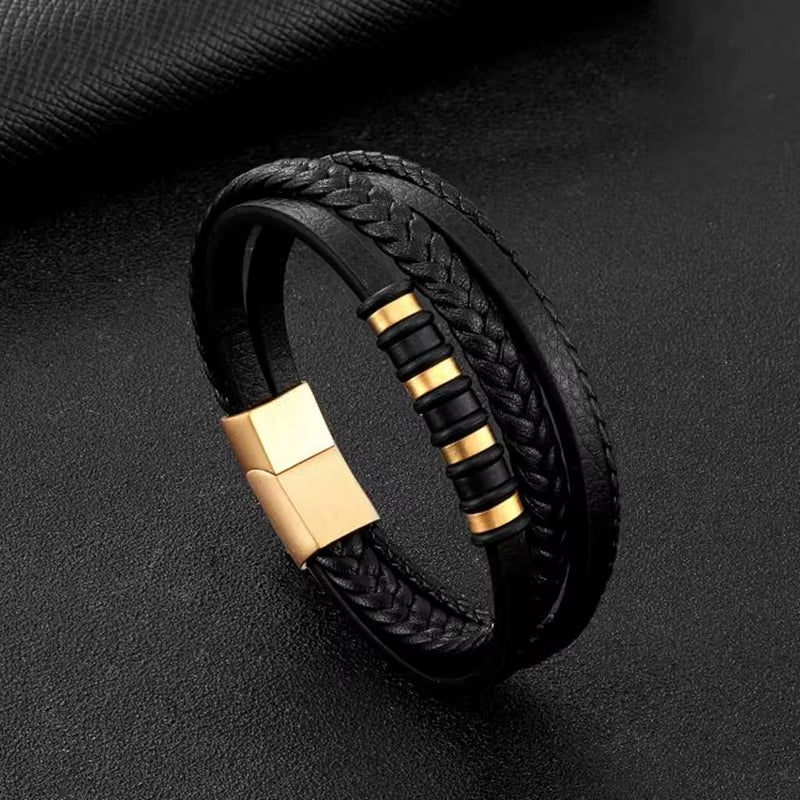 Men’s Classic Multilayer Leather Bracelet – Stylish Braided Wristband with Metal Magnetic Clasp | Fashion Accessory & Gift for Modern Gentlemen