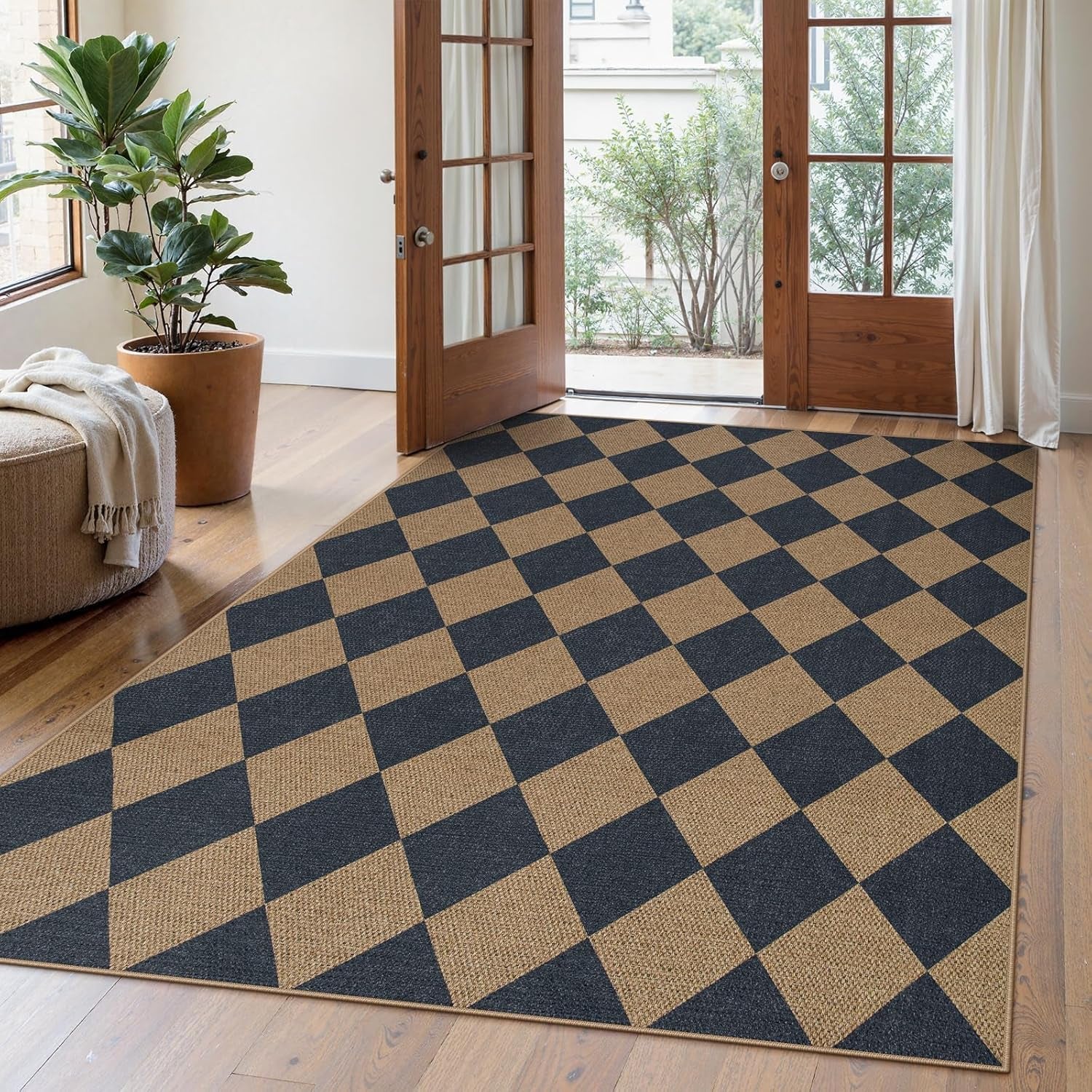 Checkered 2x6 Runner Rug - Washable Black Checkerboard Kitchen Mat, Non-Slip Indoor Outdoor Hallway Carpet, Low Pile Entryway Rug for Laundry & Mudroom