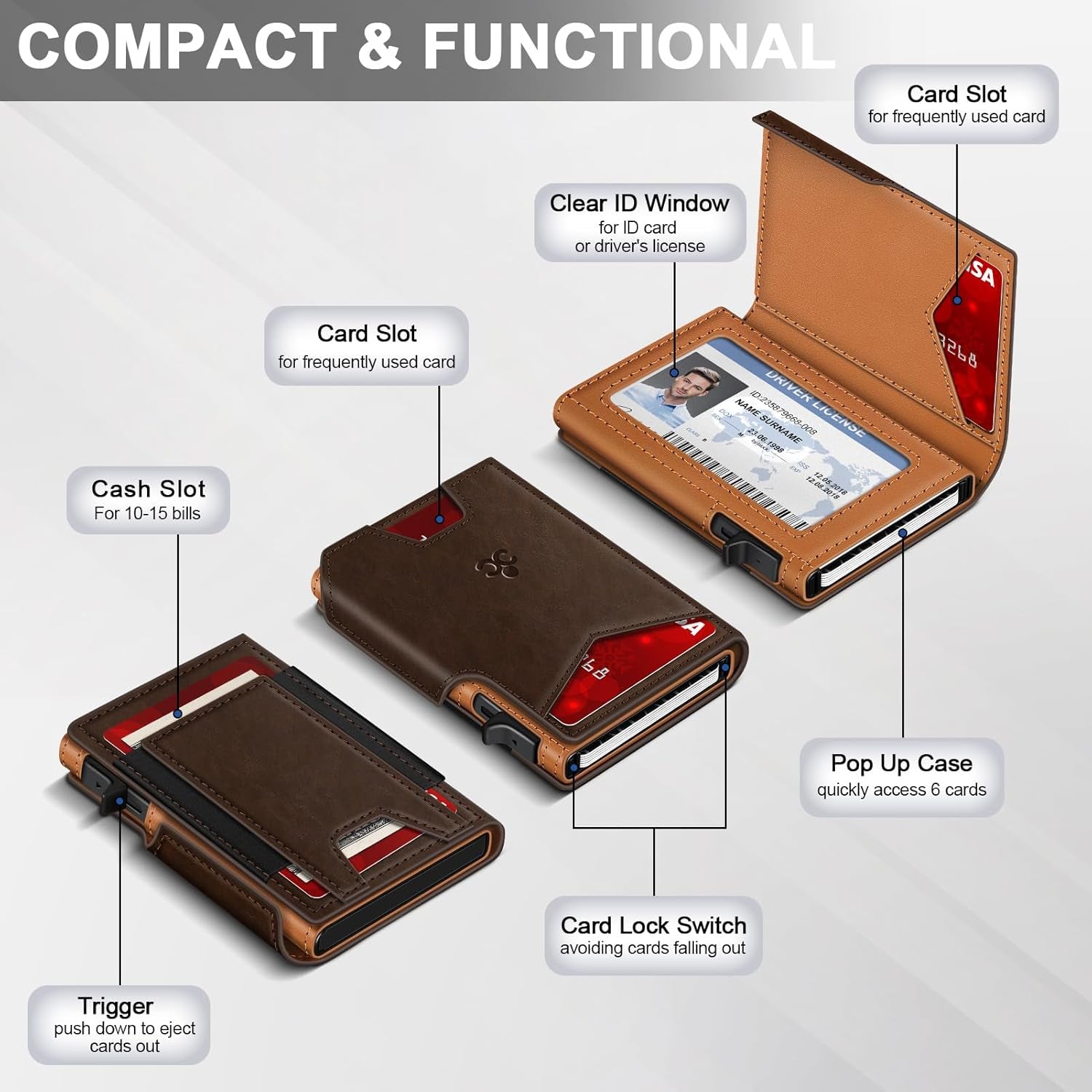 Men’s Slim Pop Up Wallet - RFID Blocking Minimalist Smart Wallet with ID Window, Metal Card Holder Case for 9-13 Cards, Expandable Cash Slot & Magnetic Bifold