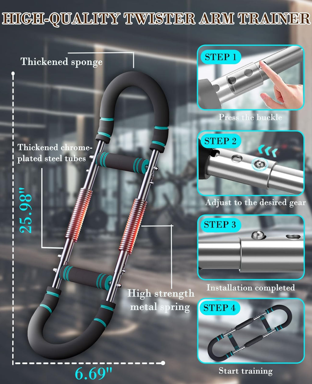 Adjustable Twister Arm Trainer - 9 Levels Chest Workout Equipment for Men, Upper Body Power Bar with Foam Wrist Sleeves, Portable Muscle Trainer for Home Gym