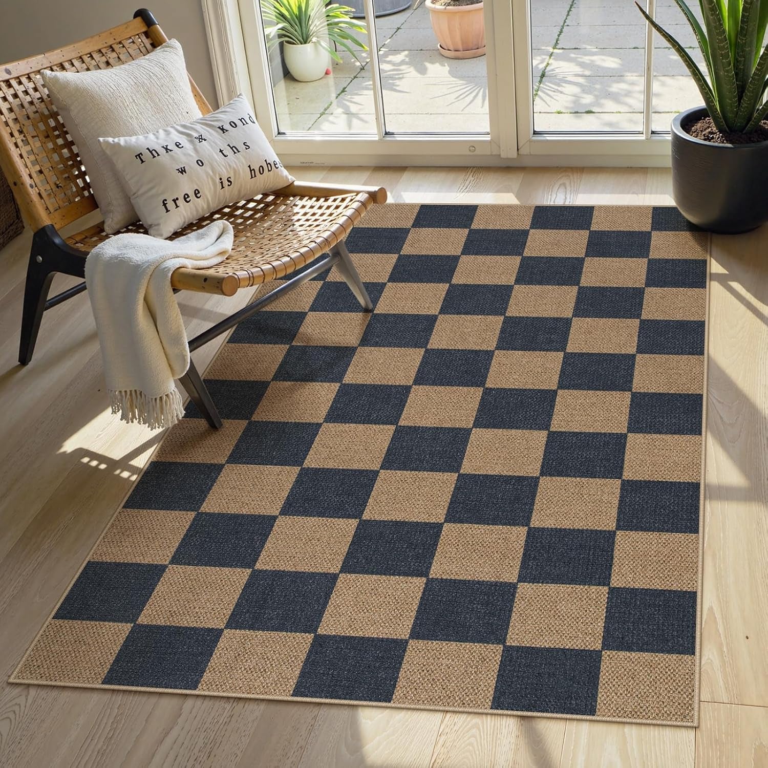 Checkered 2x6 Runner Rug - Washable Black Checkerboard Kitchen Mat, Non-Slip Indoor Outdoor Hallway Carpet, Low Pile Entryway Rug for Laundry & Mudroom