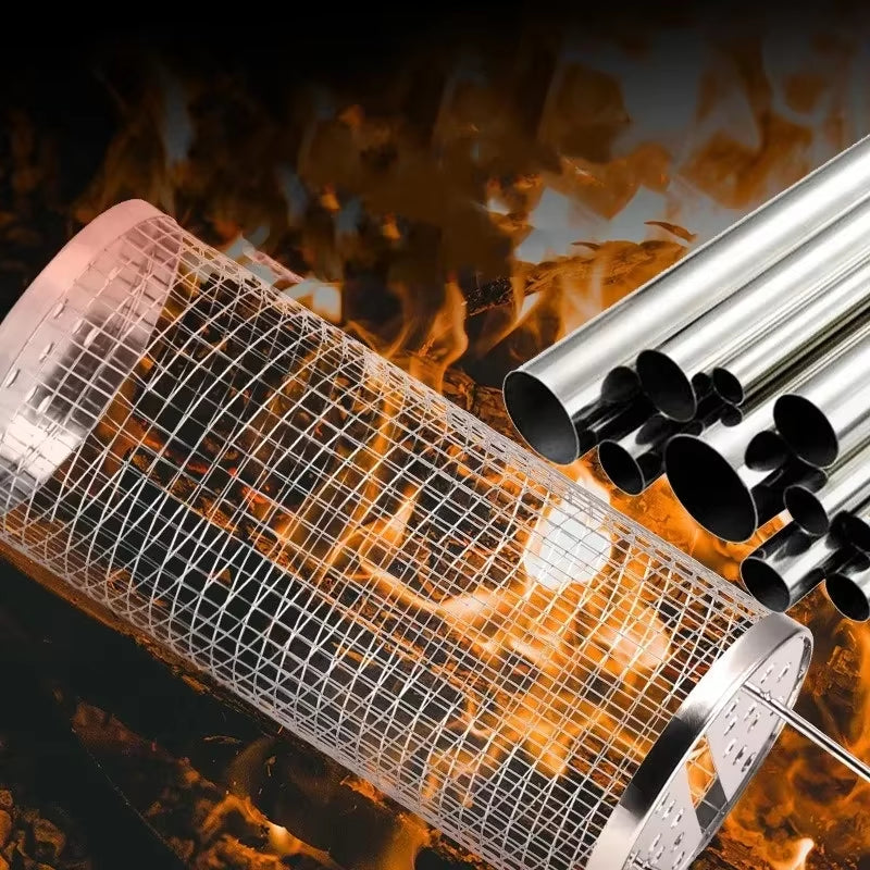 Portable Stainless Steel BBQ Grill Basket – Rolling Campfire Barbecue Cage for Outdoor Cooking, Camping, Picnic & Backyard BBQ