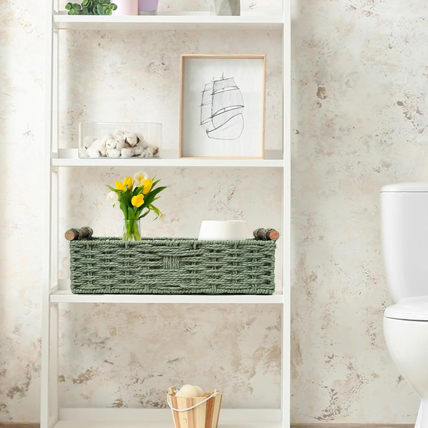 Handmade Round Paper Rope Storage Basket - Wicker Toilet Paper Holder for Tank Top, Decorative Green Woven Tray with Handles for Bathroom, Kitchen & Countertop