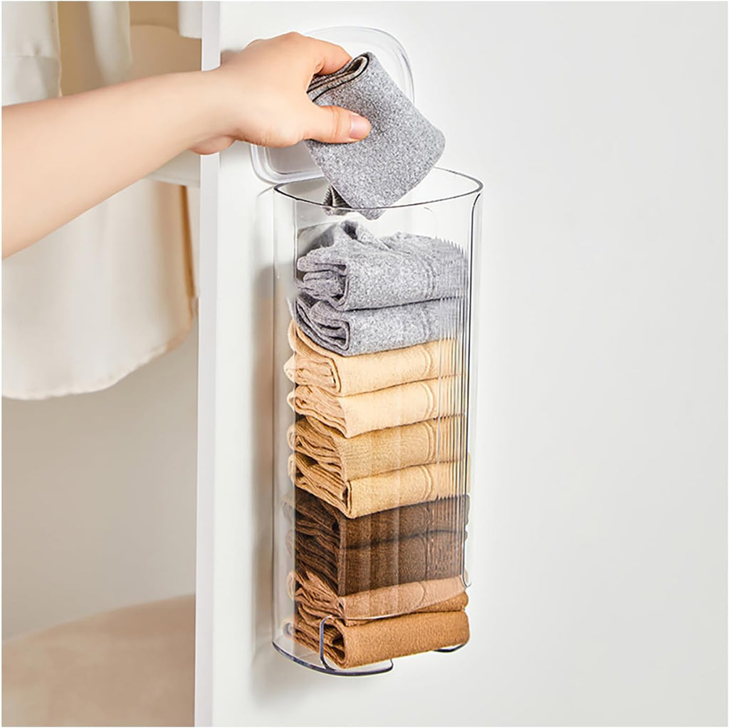 Wall Mount Plastic Bag Dispenser & Sock Organizer - Clear Grocery Bag Holder, Underwear & Tie Storage Bin, Space-Saving Kitchen Bag Saver with Adhesive Mount