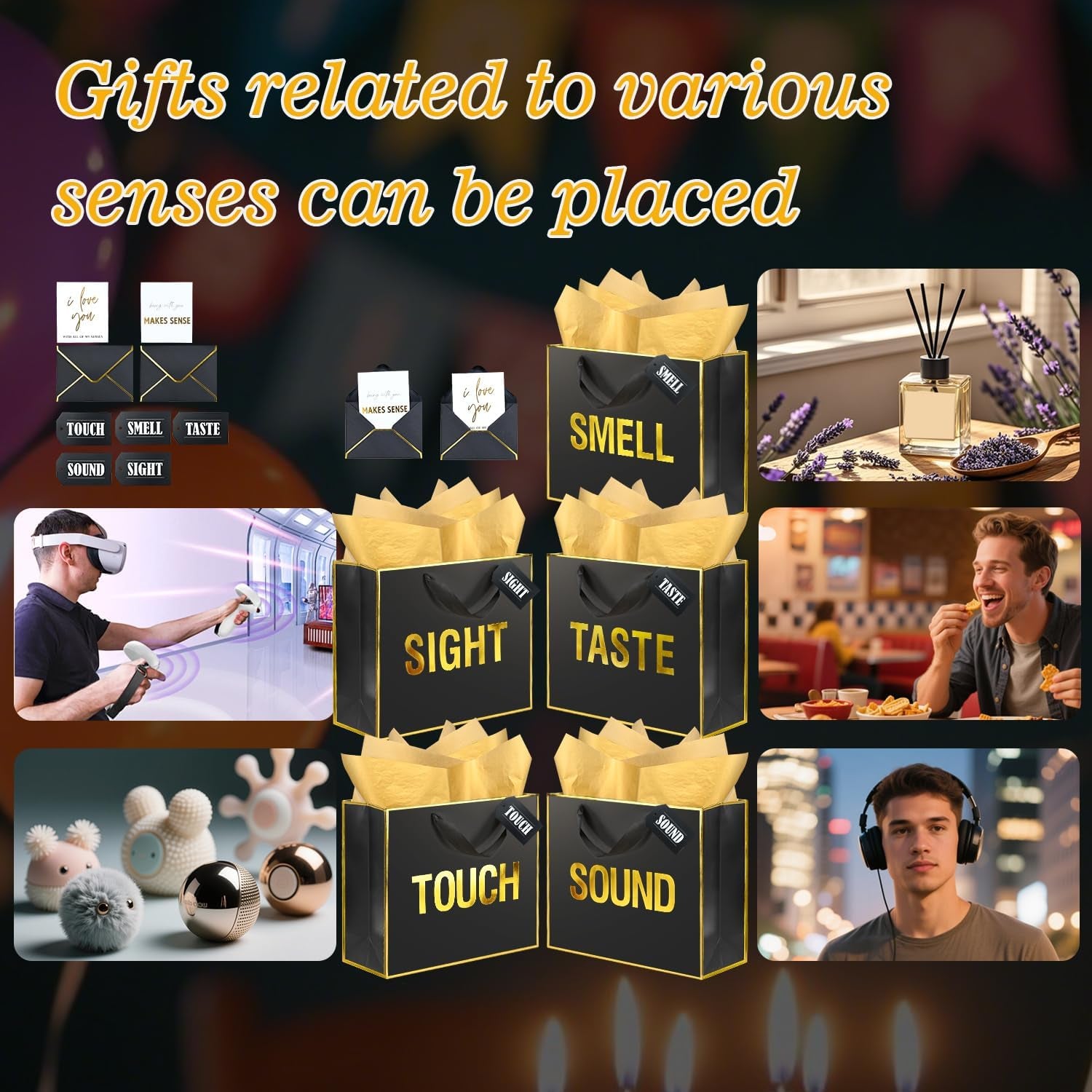 Large 5 Senses Gift Bag Set - Gold Foil Black Gift Boxes with Labels, Cards & Tissue Paper, Romantic Anniversary & Birthday Gift Idea for Him or Her, 12x10x4"