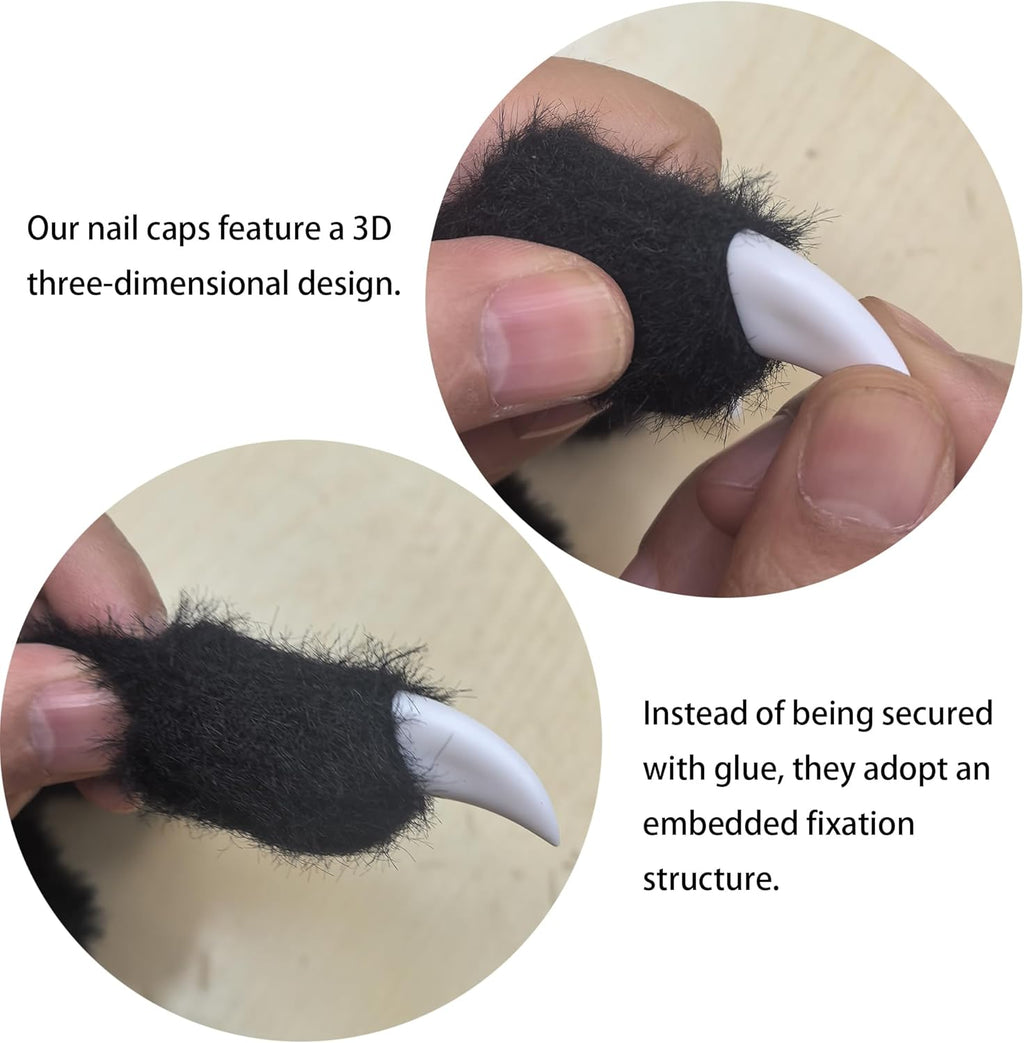 Kigurumi Fursuit Paws, Black Cosplay Costume Gloves with White Claws, Soft Plush Paw Gloves for Anime, Cosplay, Halloween, Party, Roleplay