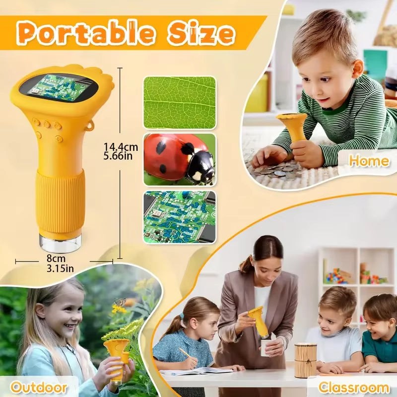 Kids Digital Microscope with HD Display Screen – 1000x Magnification, LED Light, Camera & Video Recorder | Educational Science Toy for Children’s STEM Learning (Yellow)