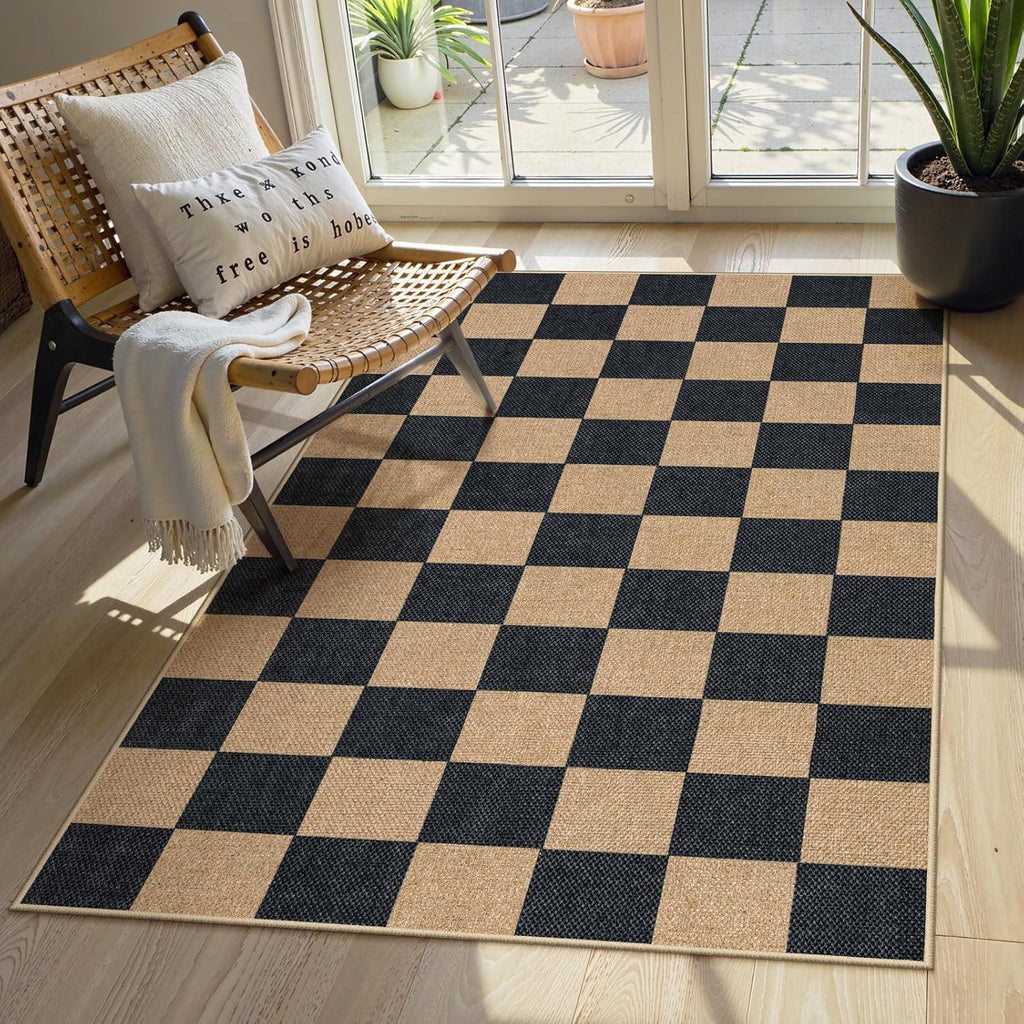 Checkered 2x6 Runner Rug - Washable Black Checkerboard Kitchen Mat, Non-Slip Indoor Outdoor Hallway Carpet, Low Pile Entryway Rug for Laundry & Mudroom