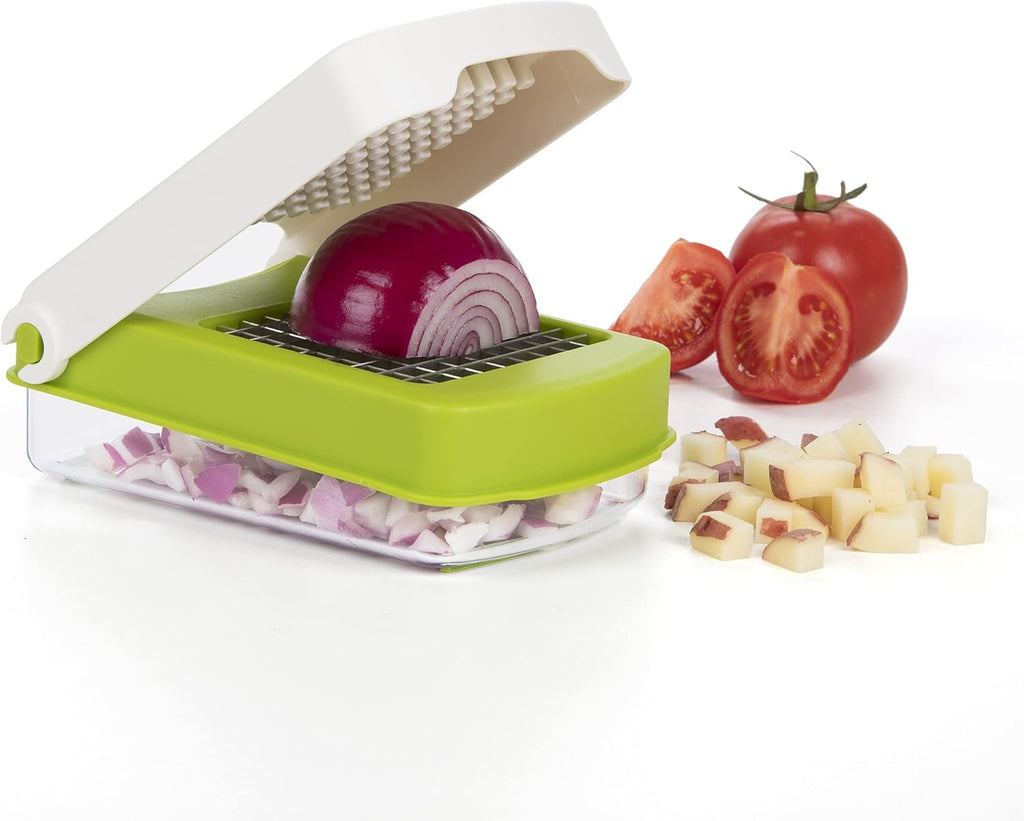 PrepWorks Compact Veggie Chopper - Manual Vegetable Dicer with Stainless Steel Blades, 2-Cup Measuring Container & Non-Skid Base, BPA-Free Kitchen Slicer, Green