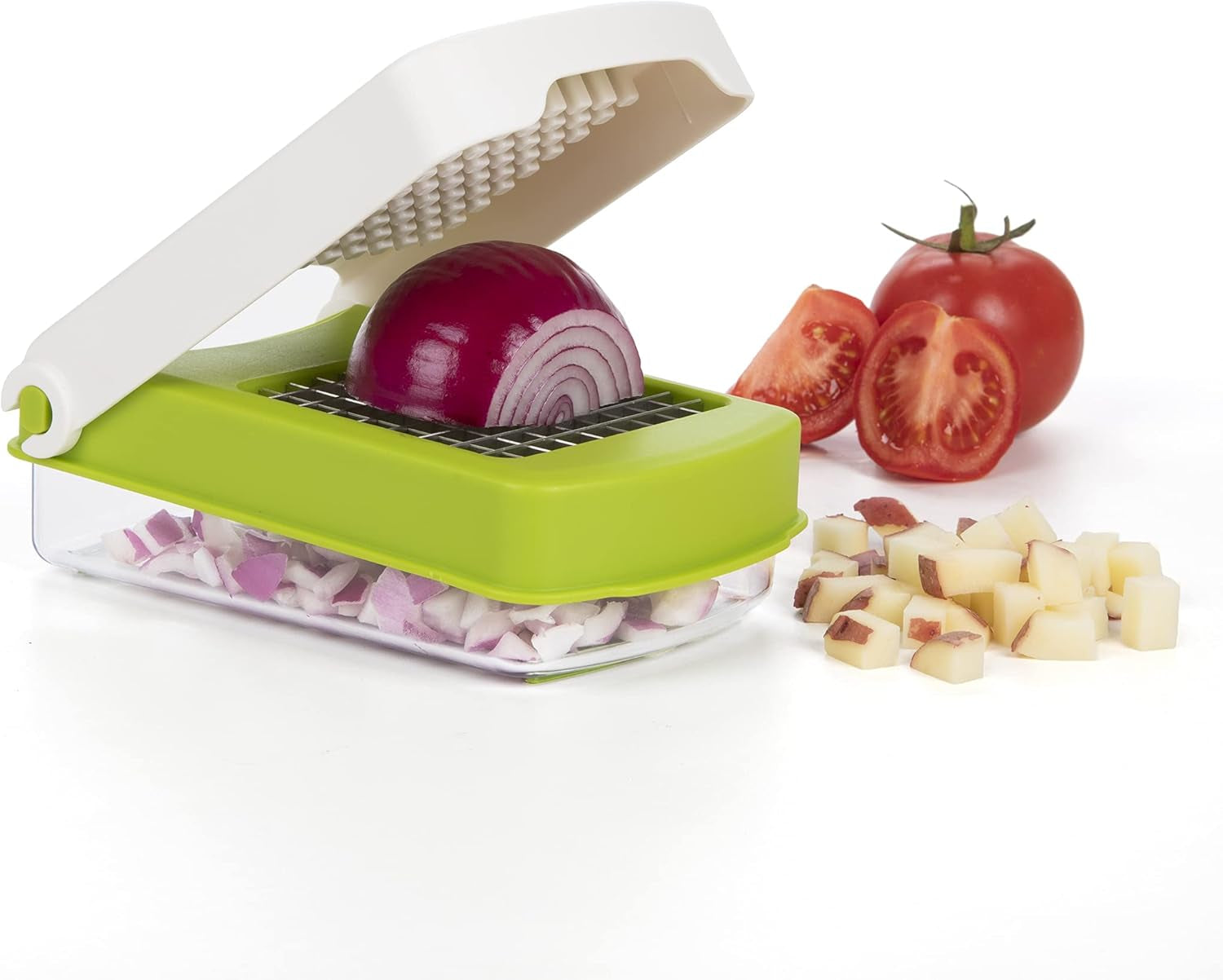 PrepWorks Compact Veggie Chopper - Manual Vegetable Dicer with Stainless Steel Blades, 2-Cup Measuring Container & Non-Skid Base, BPA-Free Kitchen Slicer, Green