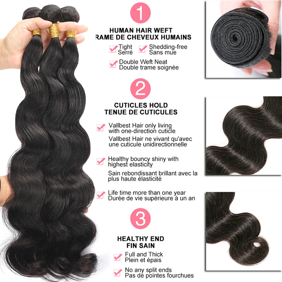 Brazilian Body Wave Hair Bundles 100% Human Remy Hair Extensions Natural Color Weave for Black Women – Soft, Bouncy, Full & Long-Lasting Shine