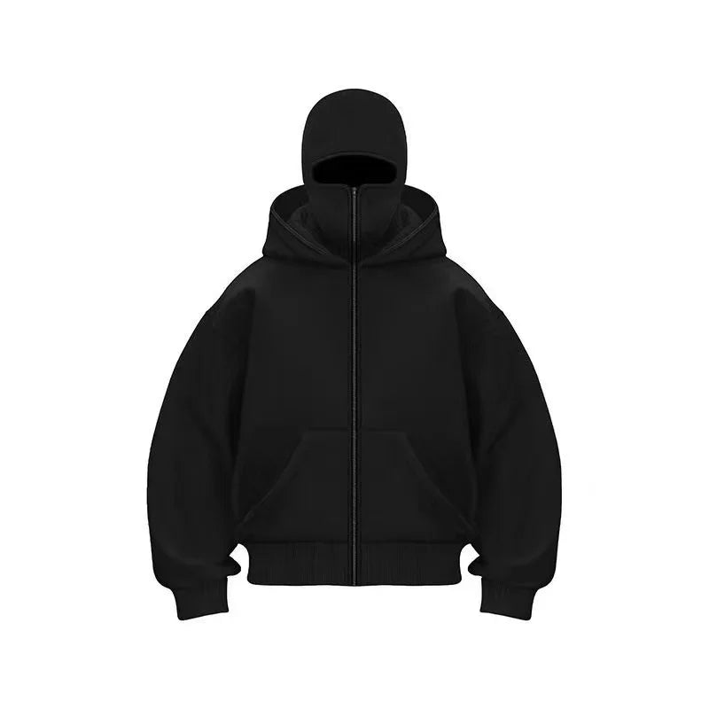 Y2K Gothic Balaclava Double Hooded Sweatshirt for Men & Women – Harajuku Streetwear Mask Hoodie with Zipper | Winter Warm Sportswear Pullover