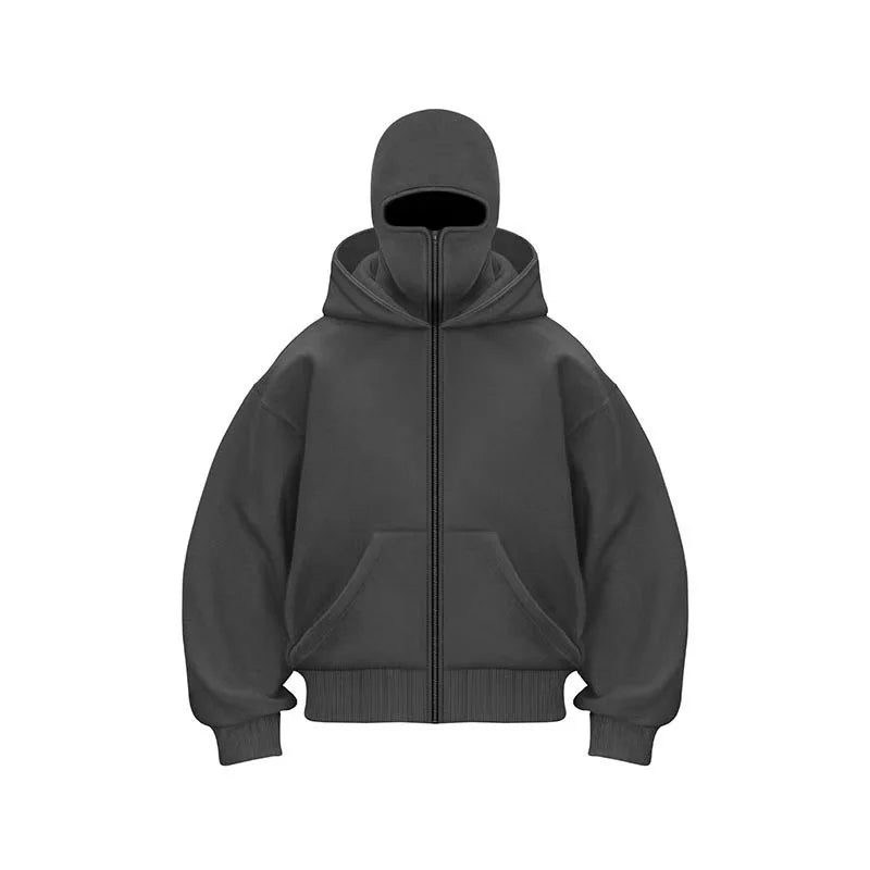 Y2K Gothic Balaclava Double Hooded Sweatshirt for Men & Women – Harajuku Streetwear Mask Hoodie with Zipper | Winter Warm Sportswear Pullover