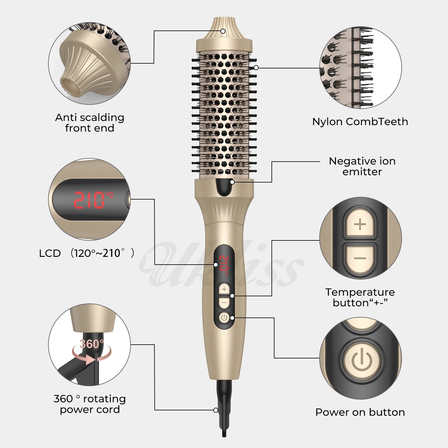 1.5-Inch Heated Round Thermal Brush – Tourmaline Ceramic Hair Curler with Negative Ion Technology | Dual Voltage Styling Brush for Smooth, Frizz-Free, Voluminous Hair (Gold)