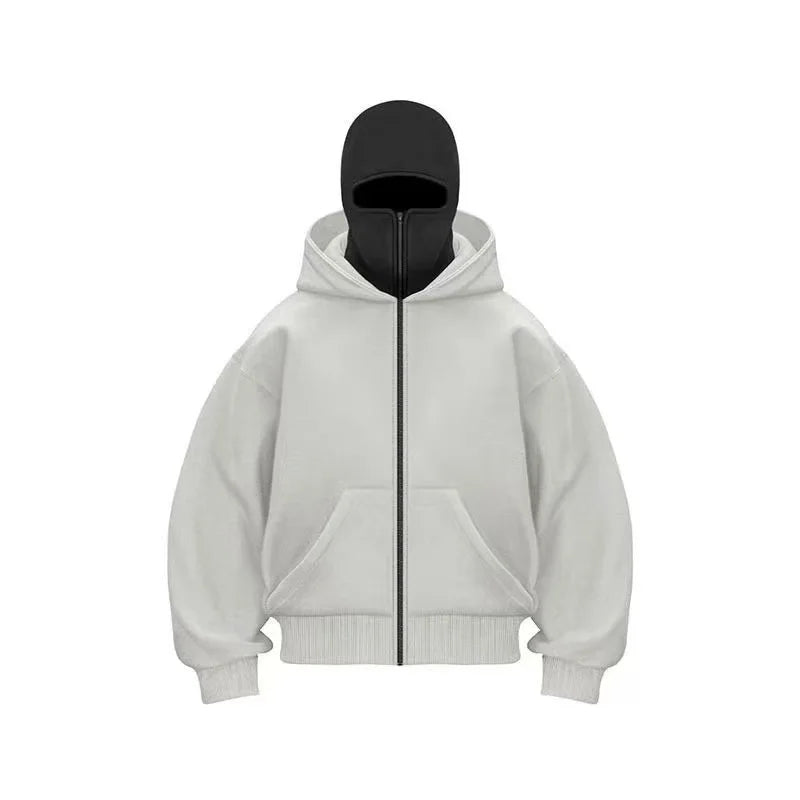 Y2K Gothic Balaclava Double Hooded Sweatshirt for Men & Women – Harajuku Streetwear Mask Hoodie with Zipper | Winter Warm Sportswear Pullover