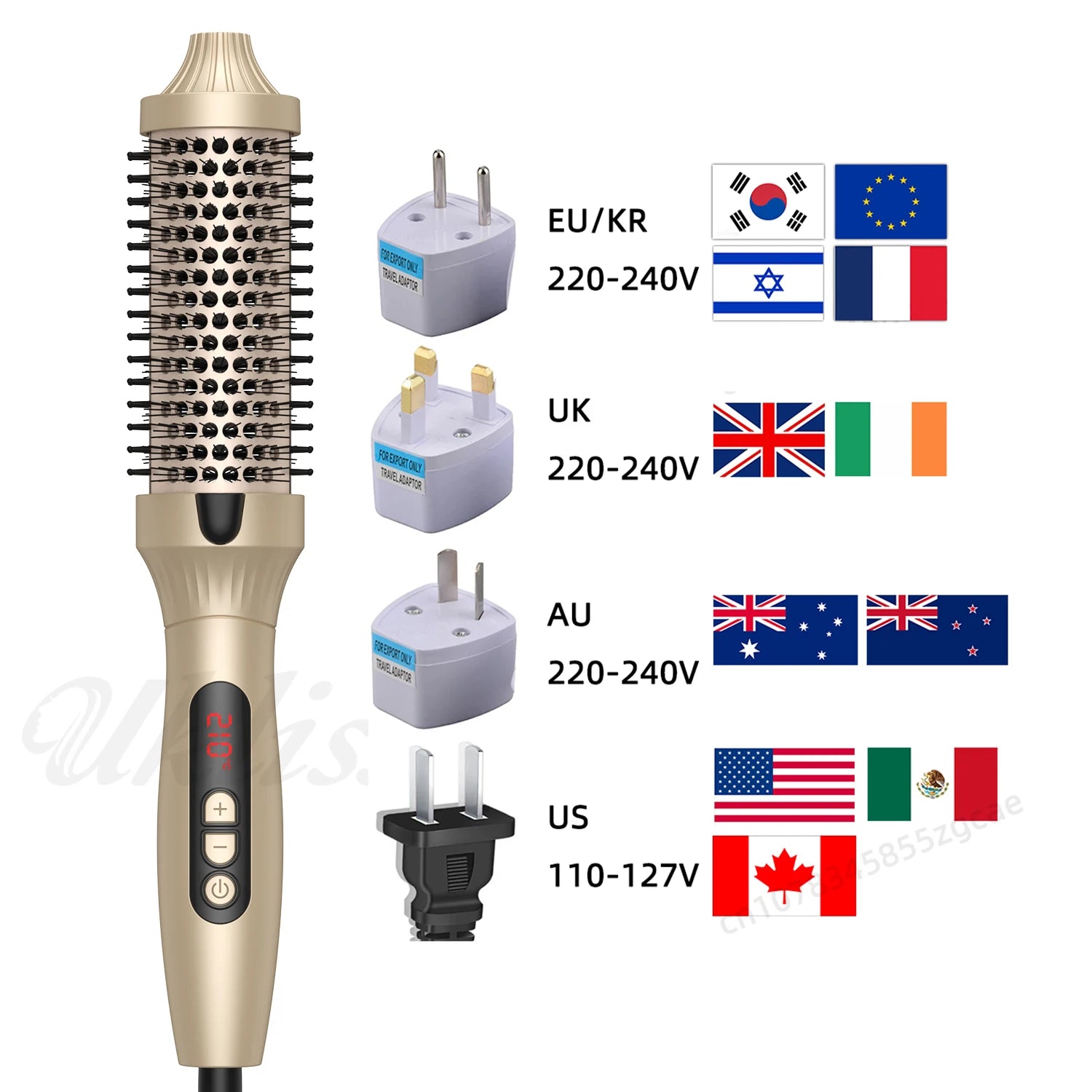 1.5-Inch Heated Round Thermal Brush – Tourmaline Ceramic Hair Curler with Negative Ion Technology | Dual Voltage Styling Brush for Smooth, Frizz-Free, Voluminous Hair (Gold)