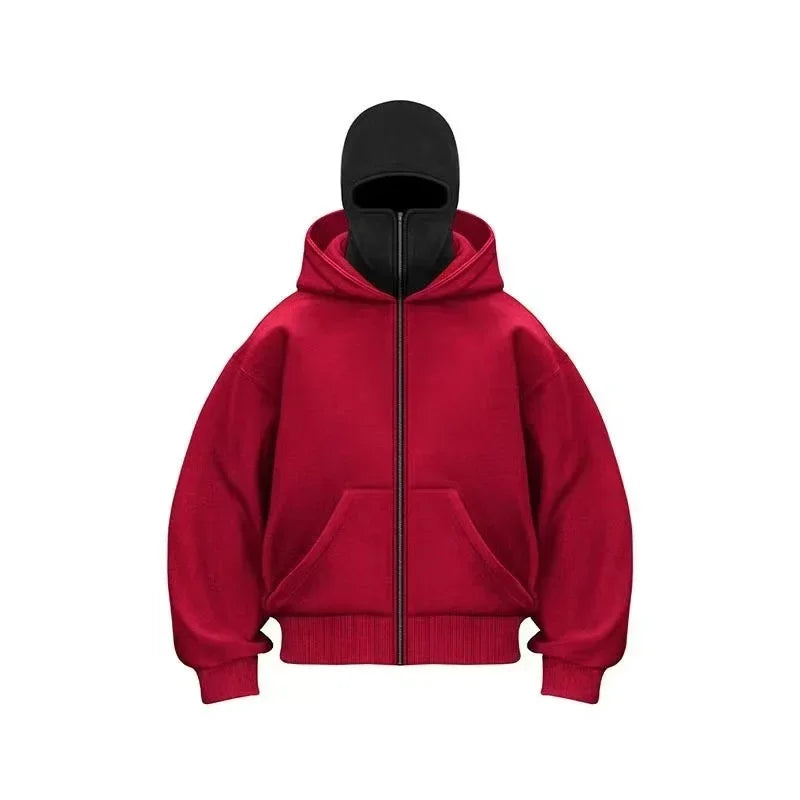 Y2K Gothic Balaclava Double Hooded Sweatshirt for Men & Women – Harajuku Streetwear Mask Hoodie with Zipper | Winter Warm Sportswear Pullover